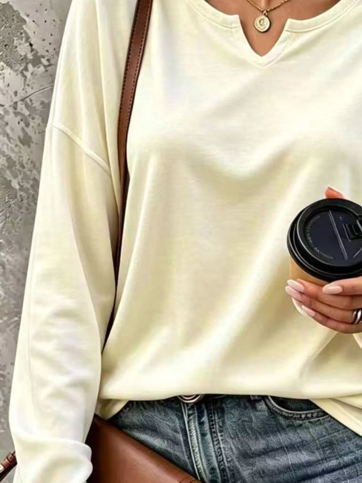 Full Size Solid Color Long Sleeve Loose T-Shirt Plus Size - Beige