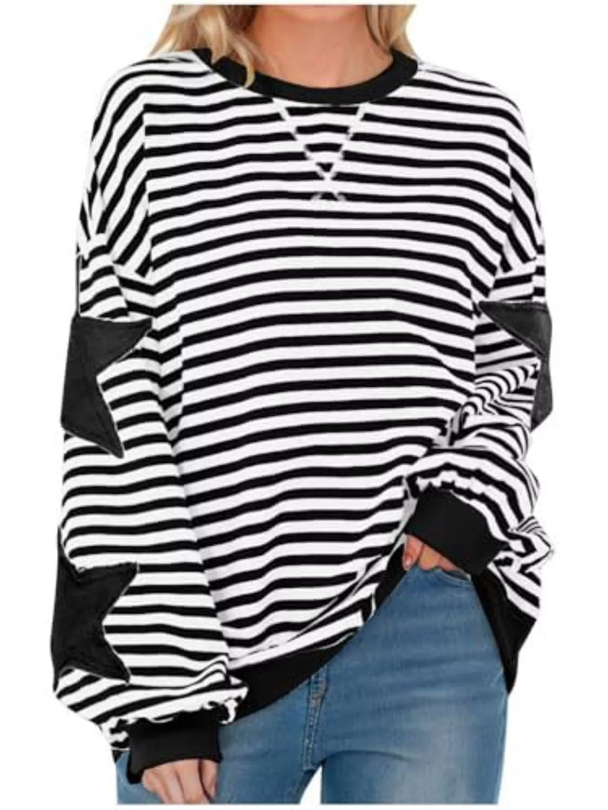 Full Size Star Patch Striped Oversized Sweatshirt Plus Size - Black