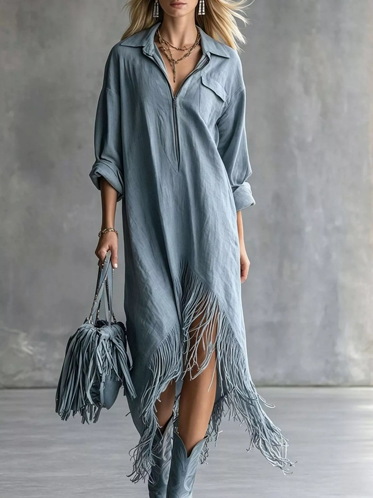 Fringe Hem Zip-Up Shirt Dress - Navy