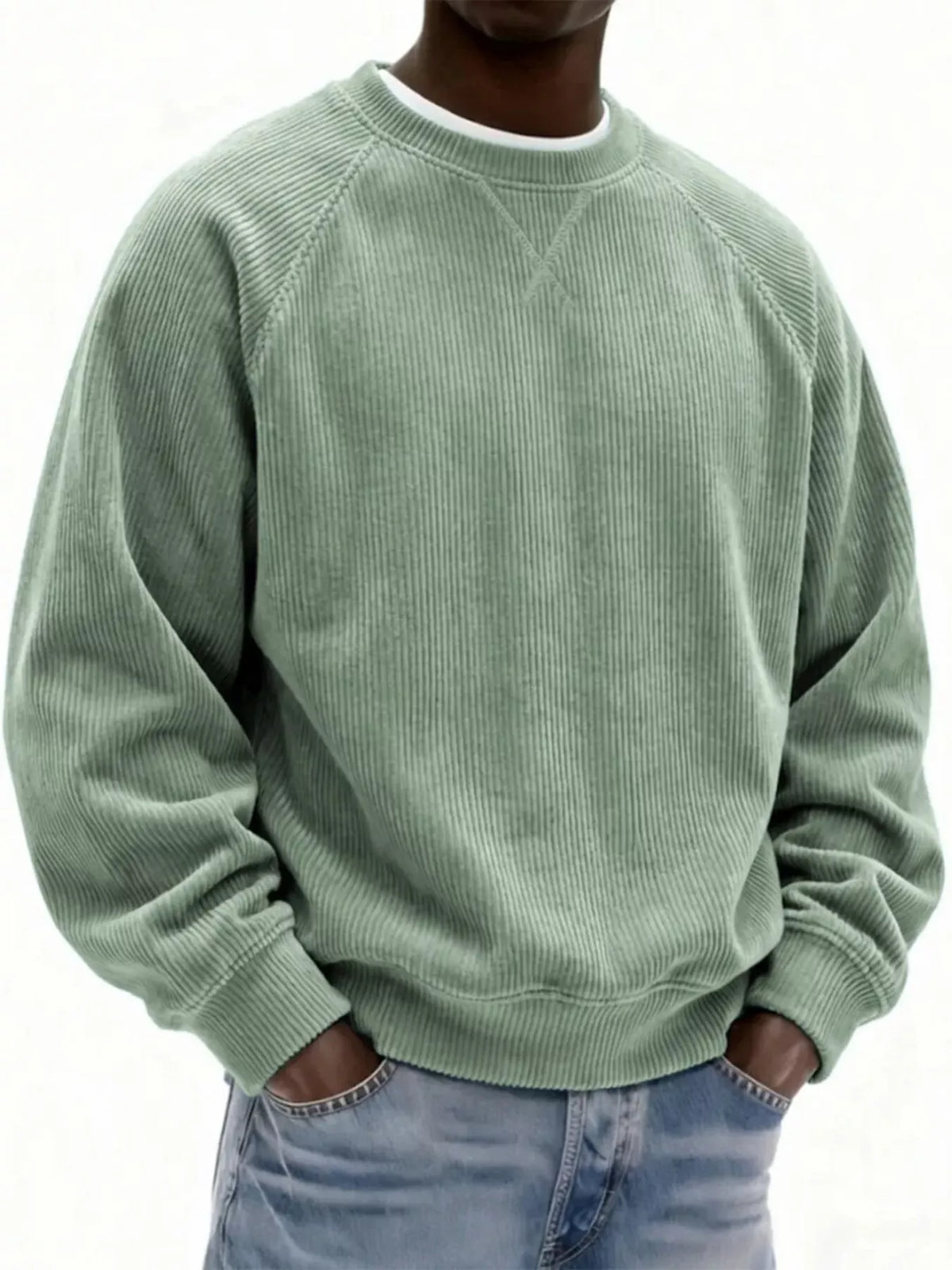 Men's Full Size Corduroy Crew Neck Sweatshirt Plus Size - Green
