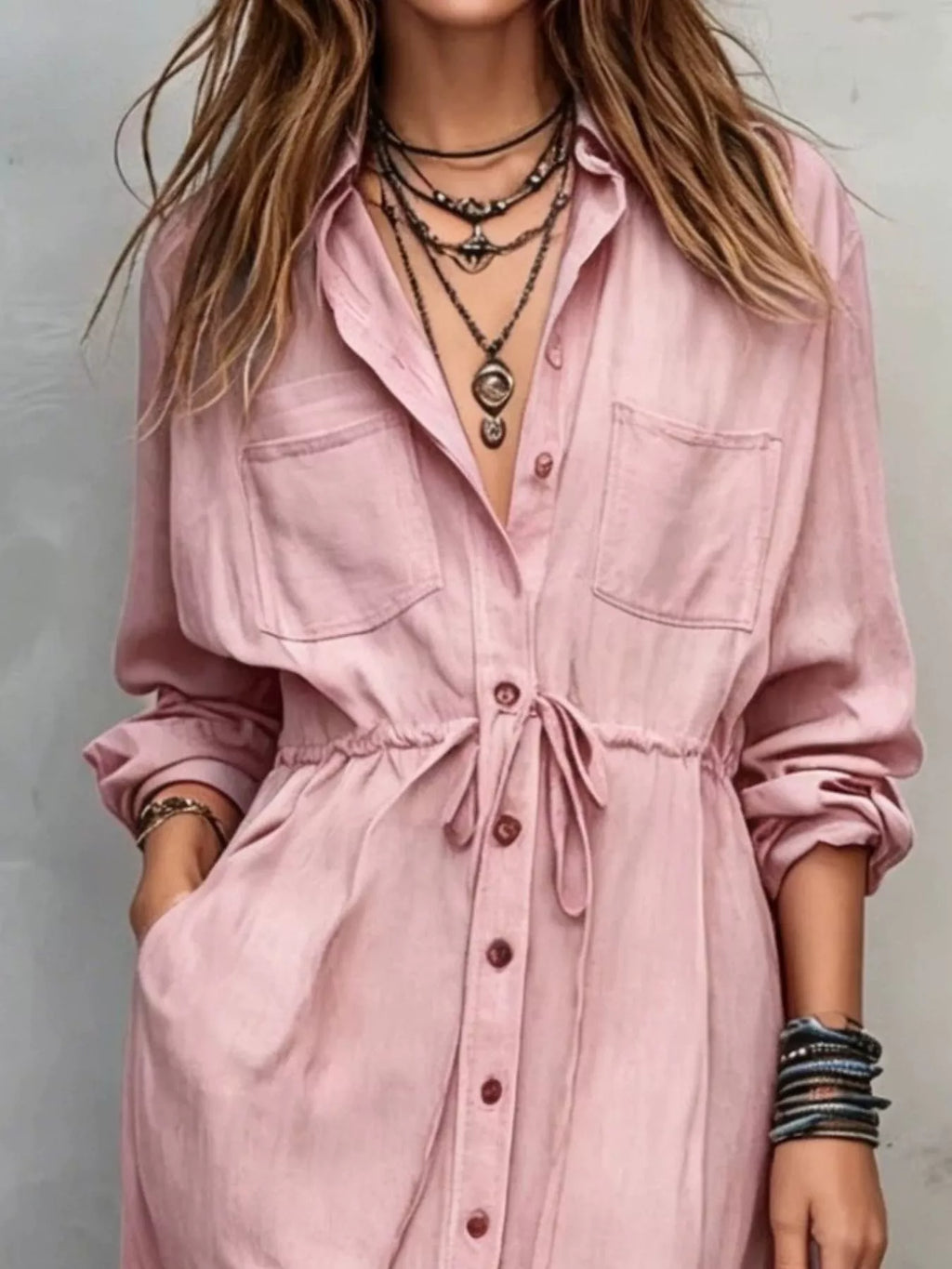 Full Size Button Front Long Sleeve Shirt Dress Plus Size