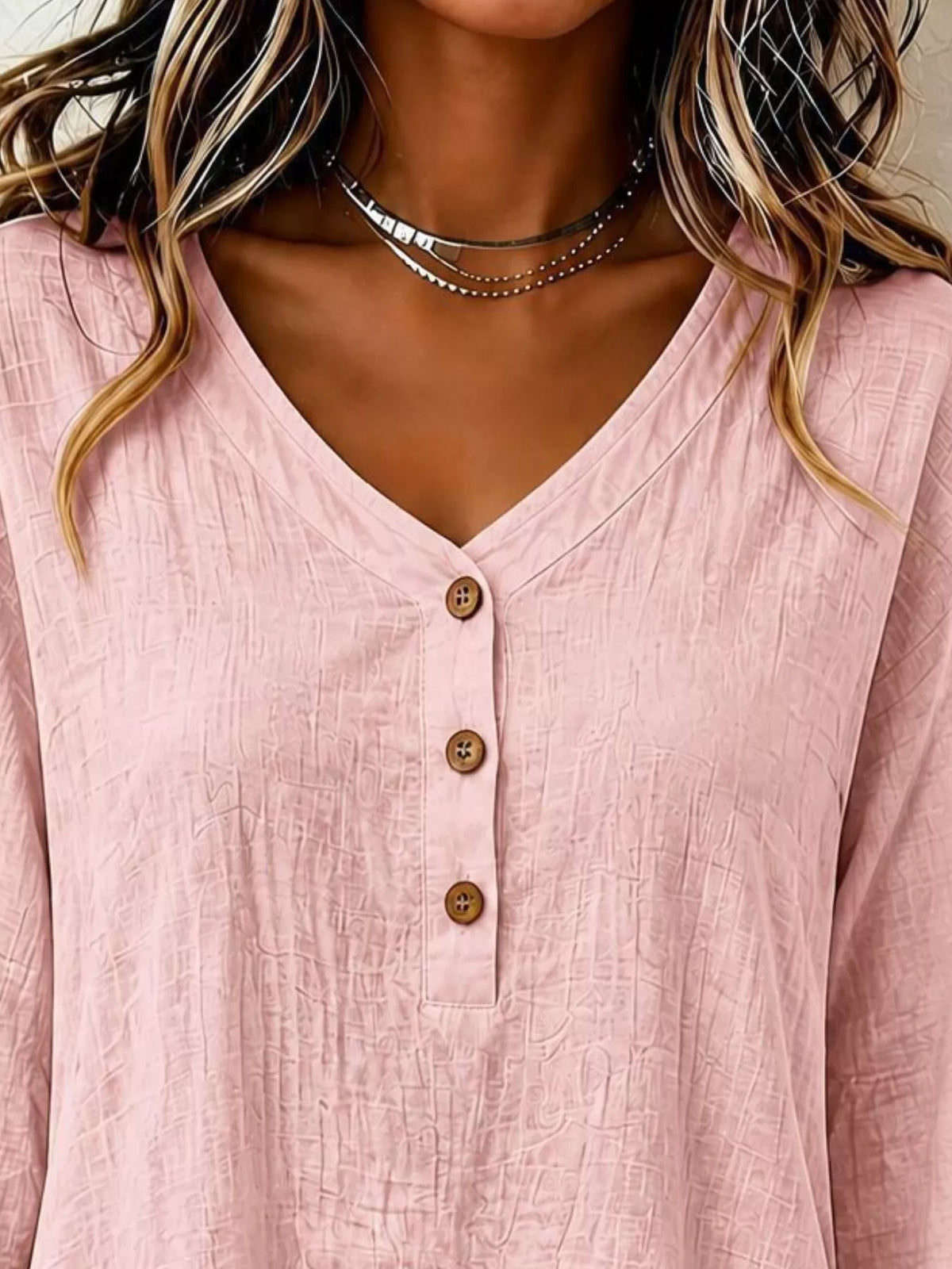 V-Neck Long Sleeve Button Detail Ruffled Hem Blouse