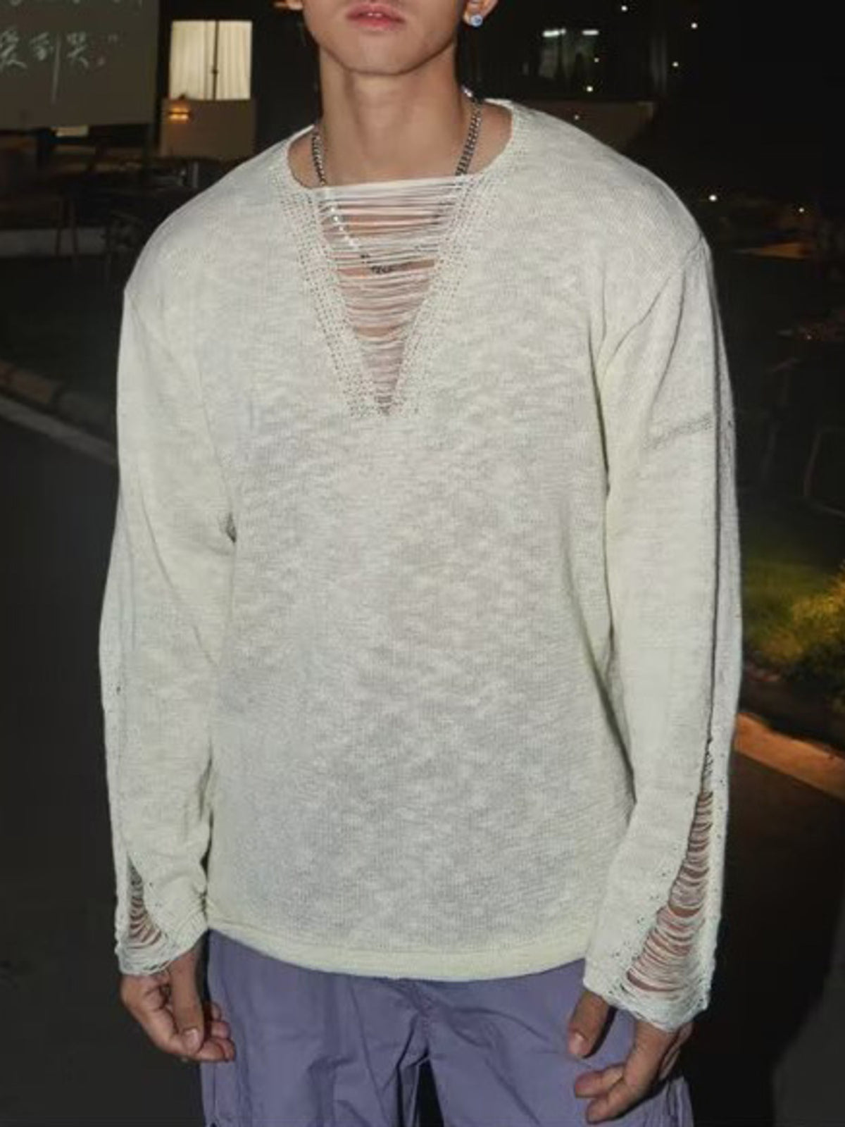 Men's Full Size Distressed Long Sleeve Sweater Plus Size - White
