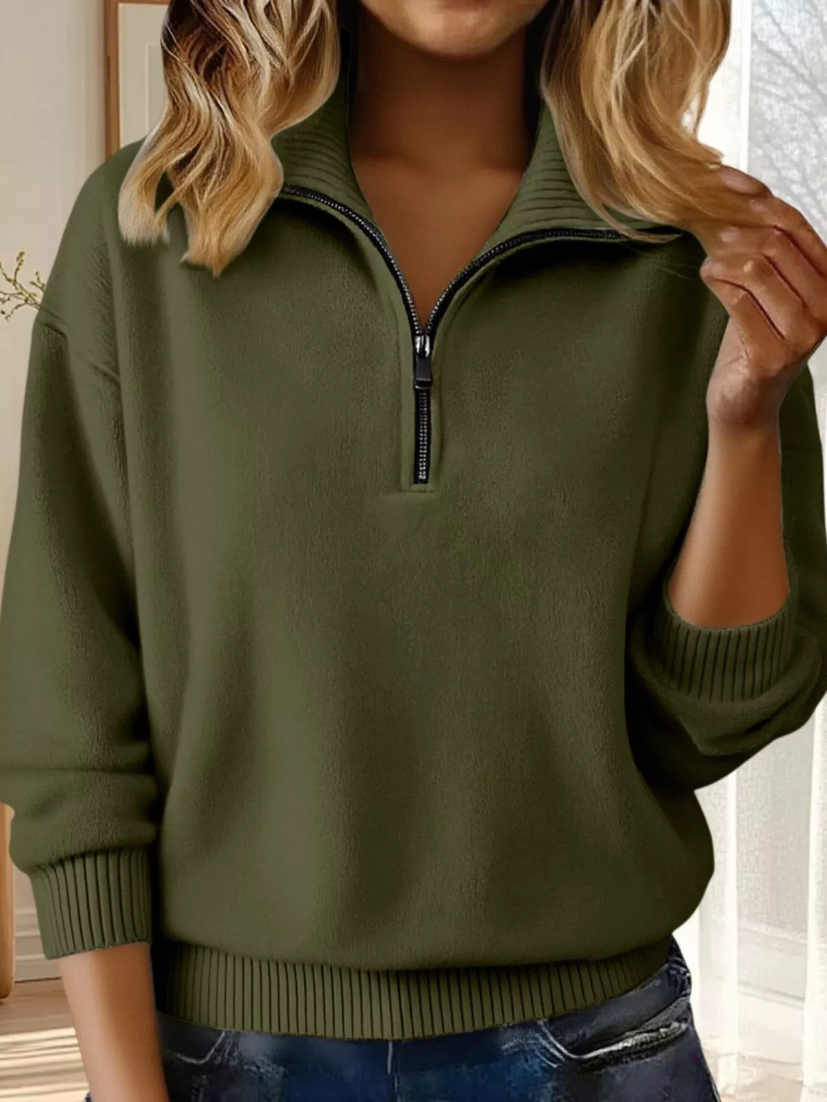Full Size Half Zip Dropped Shoulder Sweater Plus Size - Army Green