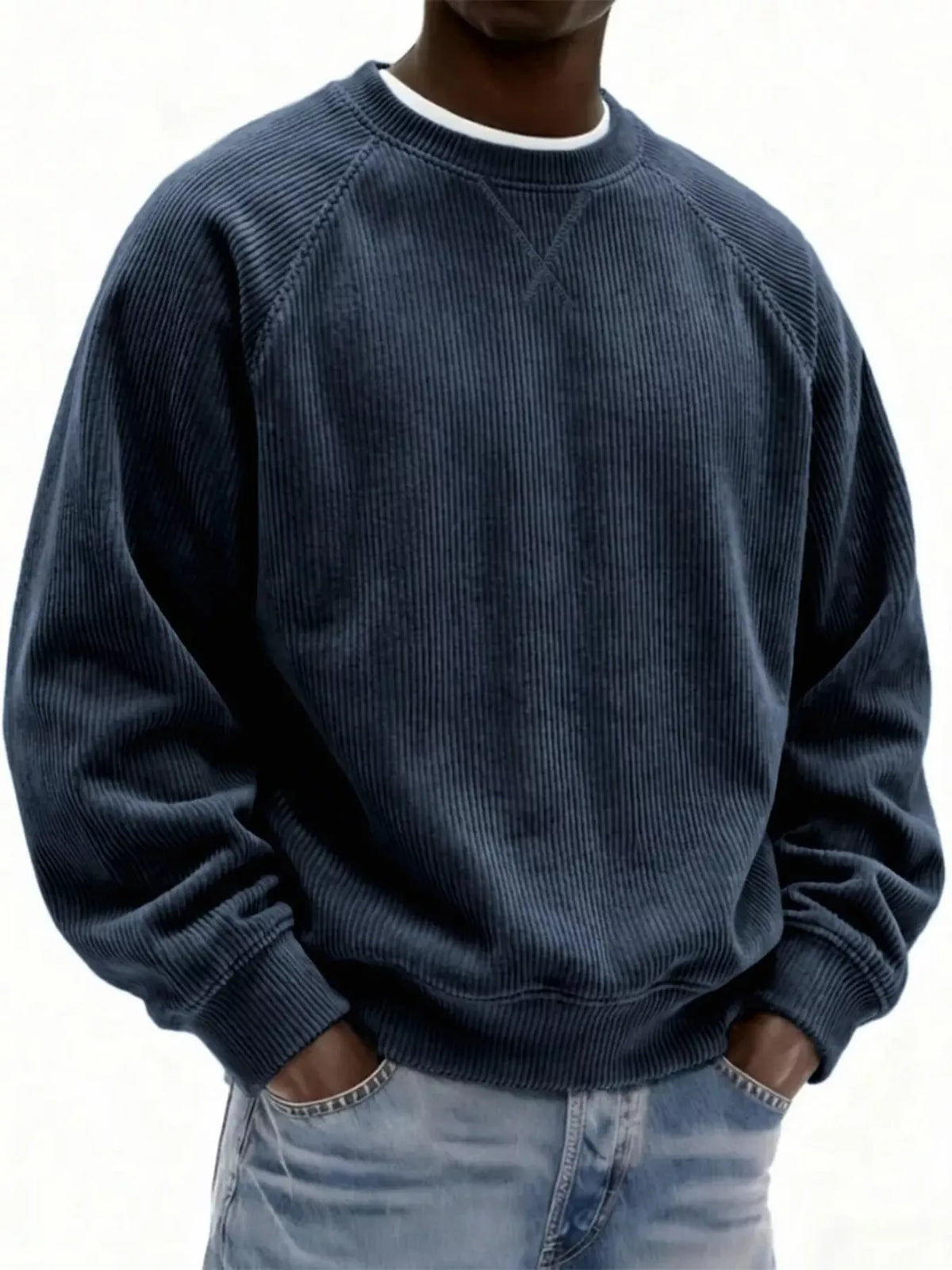 Men's Full Size Corduroy Crew Neck Sweatshirt Plus Size - Navy Blue