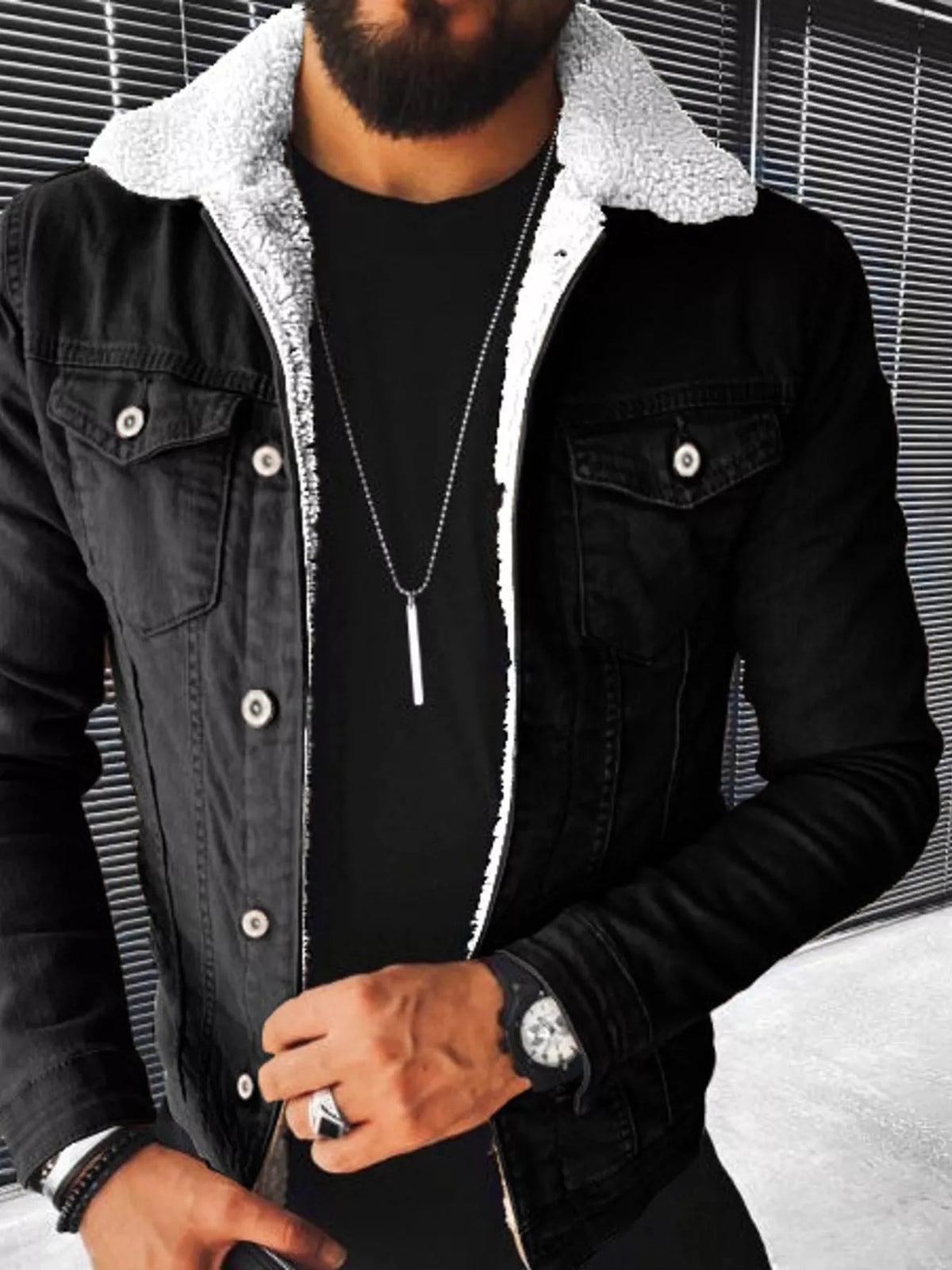 Men's Full Size Sherpa-Lined Denim Jacket Plus Size - Black