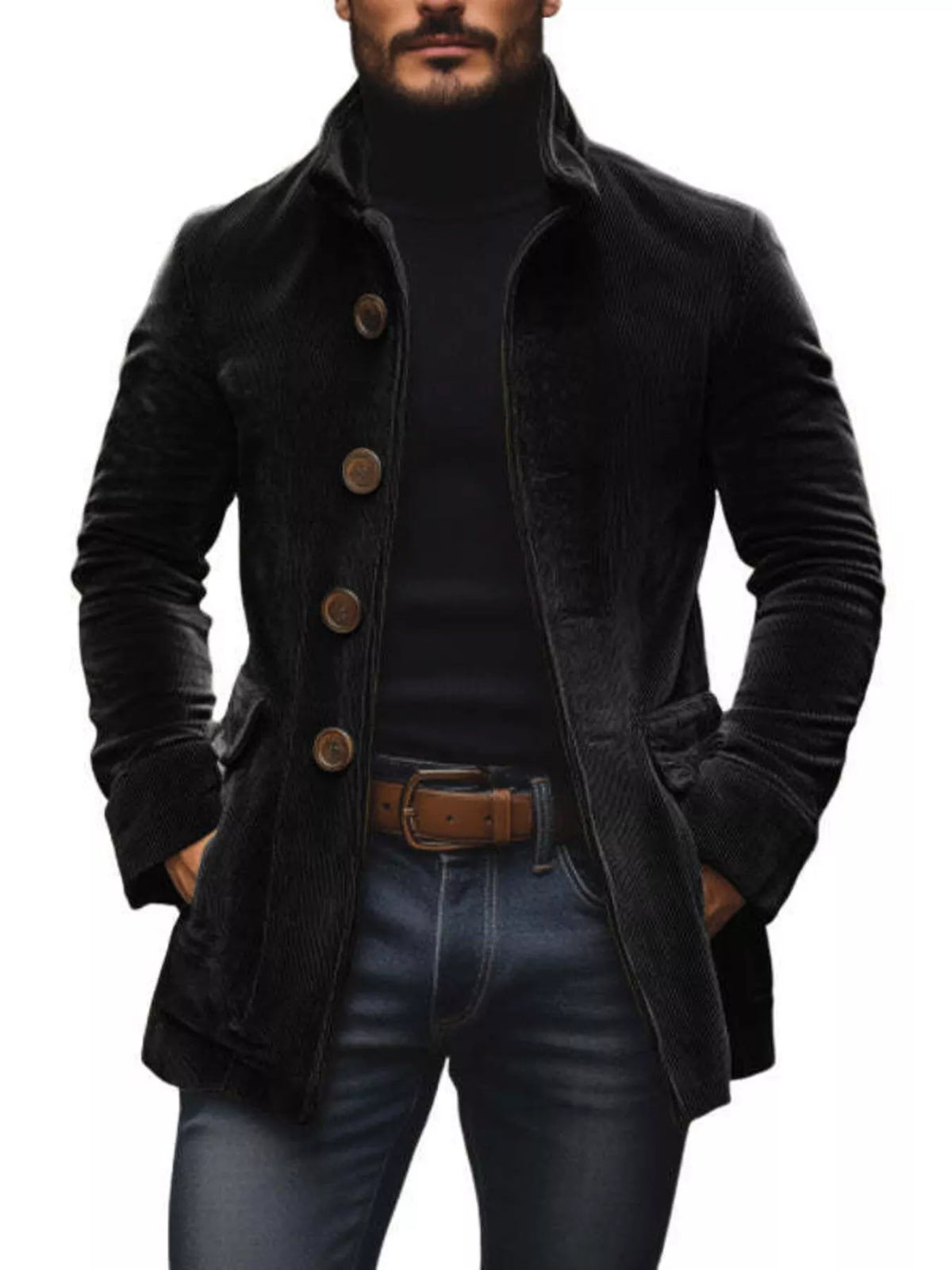 Men's Full Size Vintage Single-Breasted Stand Collar Coat Plus Size - Black
