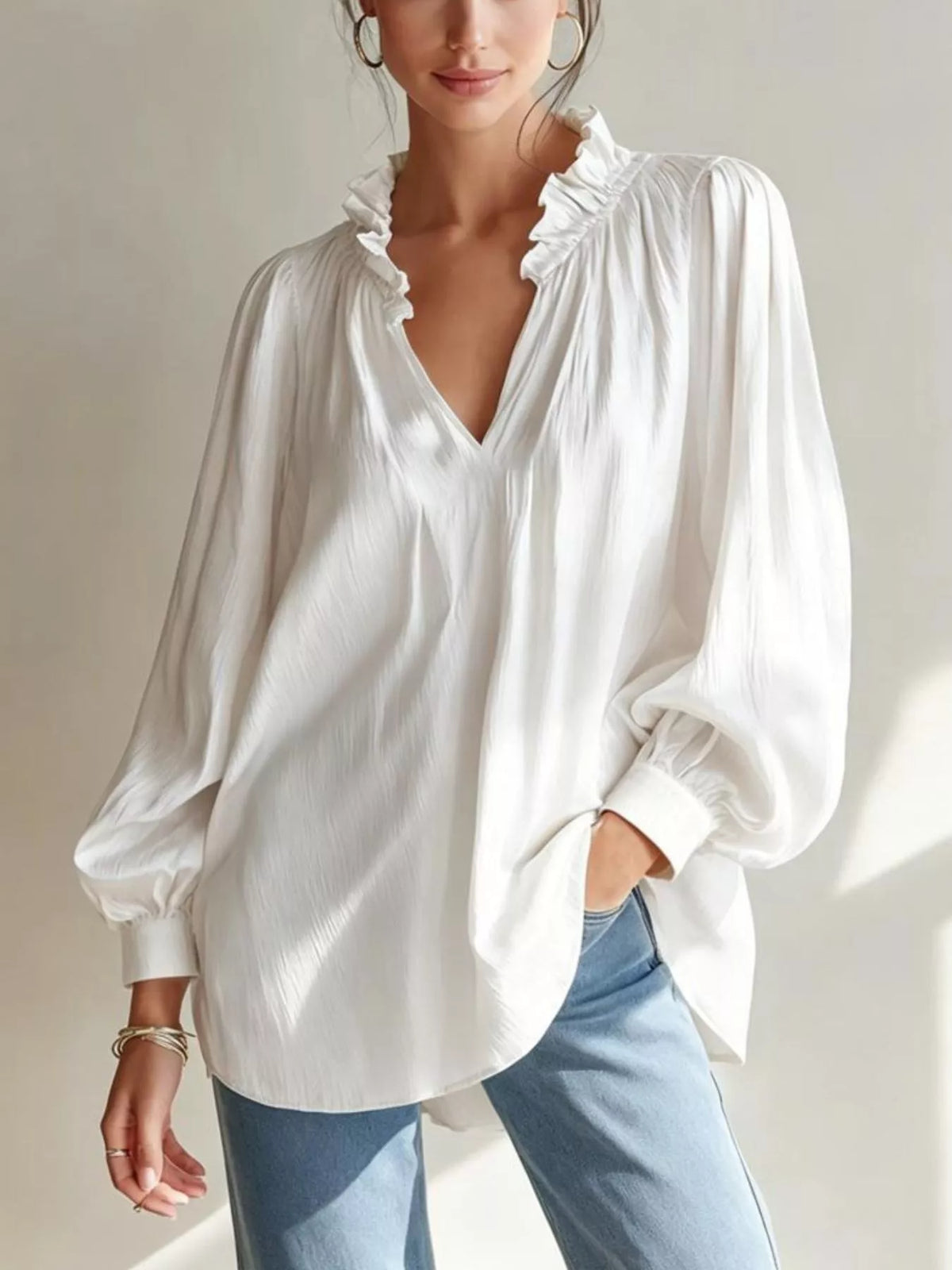 Frill Notched Long Sleeve Blouse - White