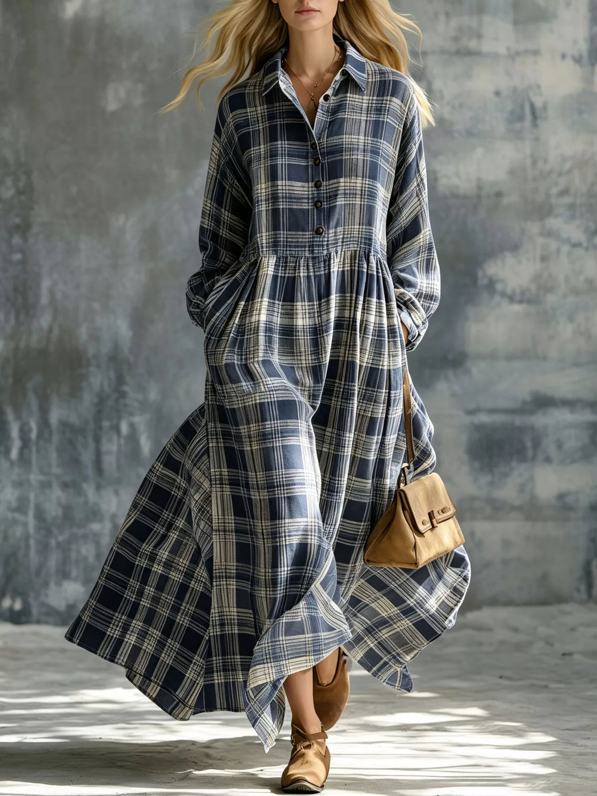 Plaid Button-Down Maxi Shirt Dress - Navy Blue