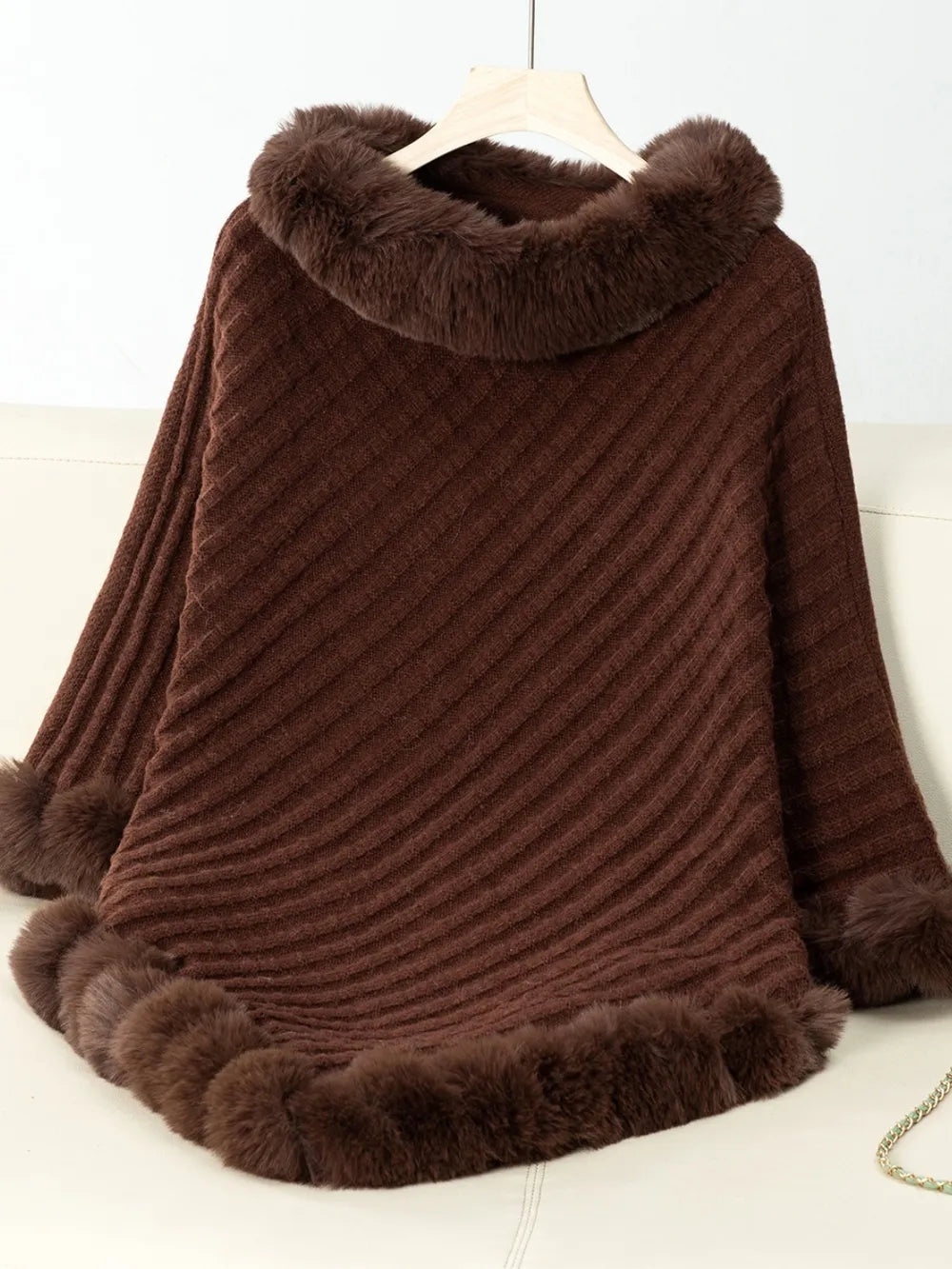 Fuzzy Trim Texture Three-Quarter Sleeve Poncho - Chocolate