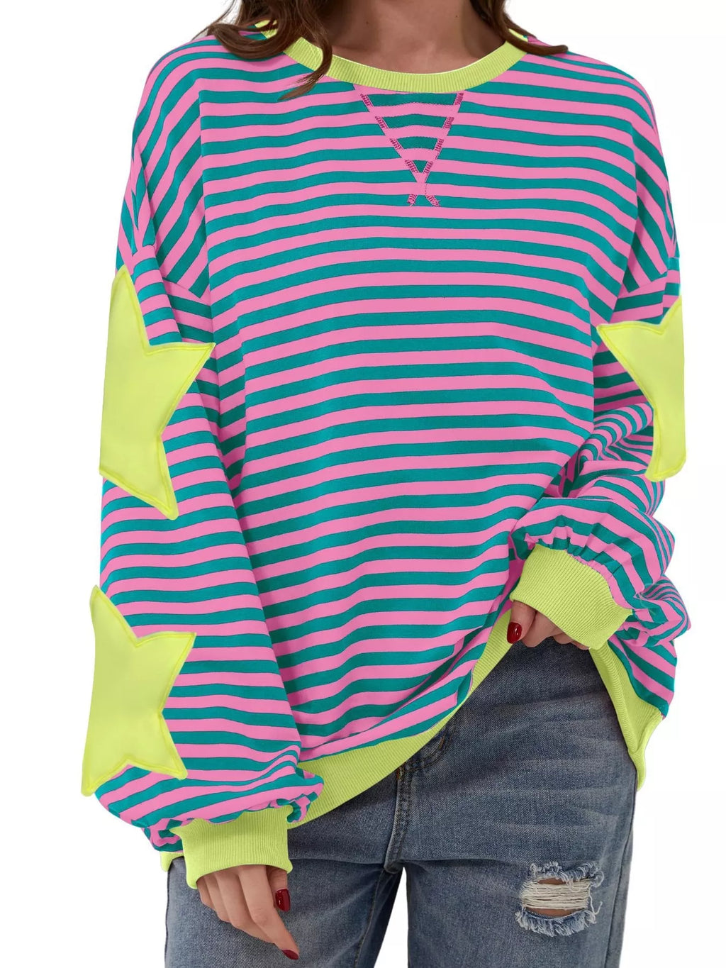 Full Size Star Patch Striped Oversized Sweatshirt Plus Size - Pink