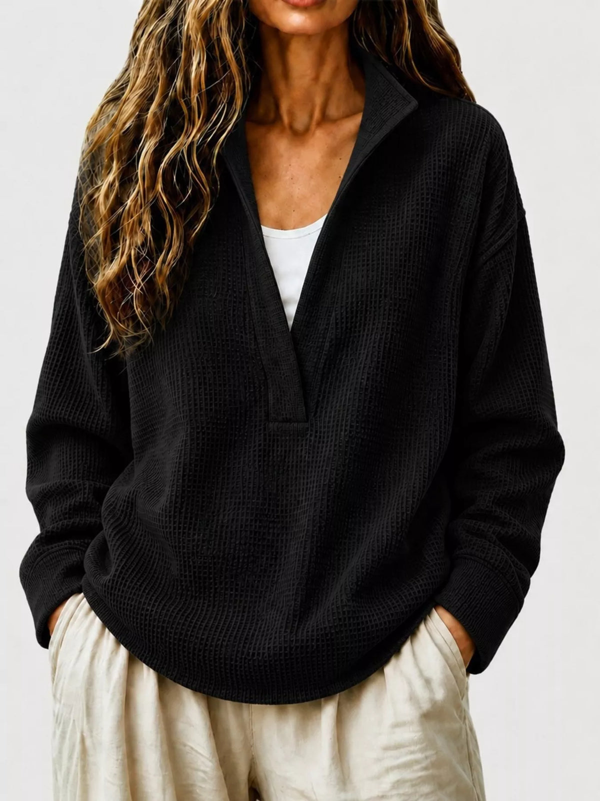 Full Size Waffle Knit Dropped Shoulder Sweatshirt Plus Size - Black