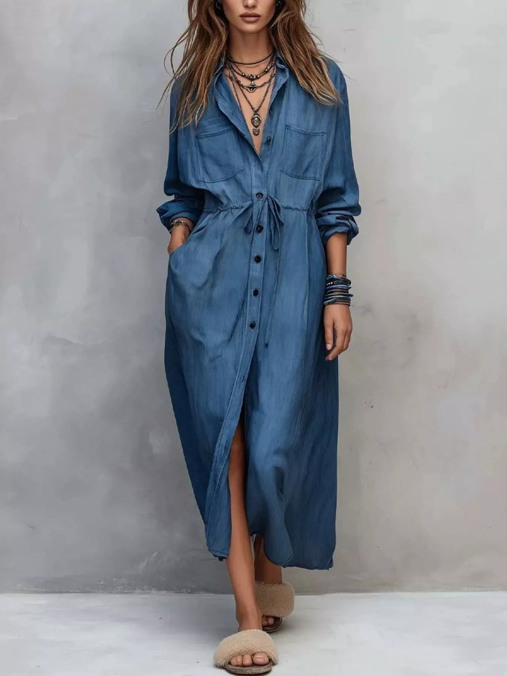 Full Size Button Front Long Sleeve Shirt Dress Plus Size - Navy