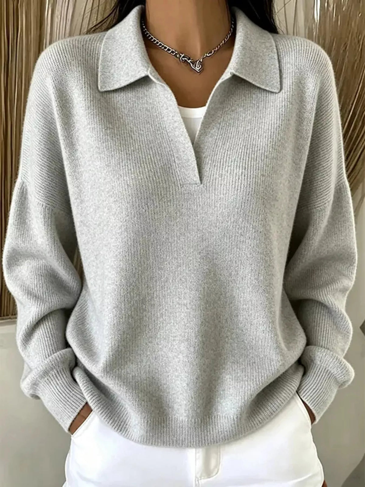 Ribbed Knit Polo Collar Sweater - Gray