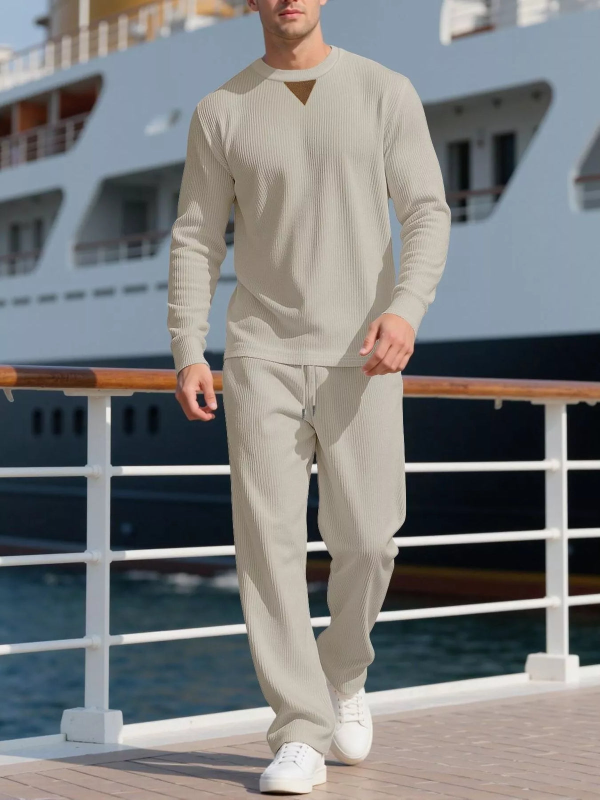 Men's Full Size Casual Crewneck Long Sleeve Sweatshirt and Jogger Set Plus Size - Khaki