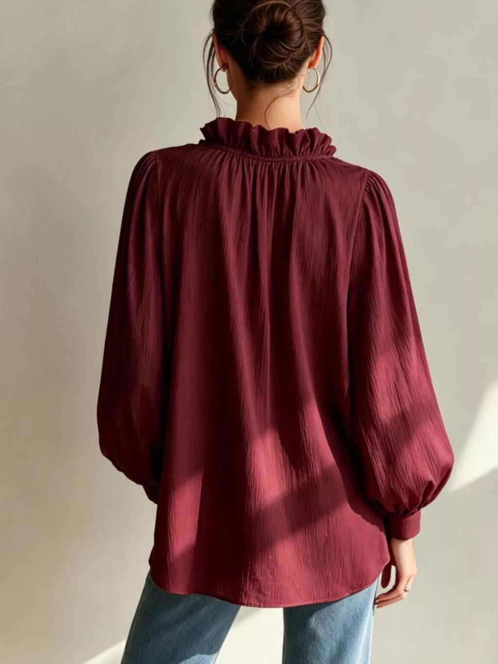 Frill Notched Long Sleeve Blouse