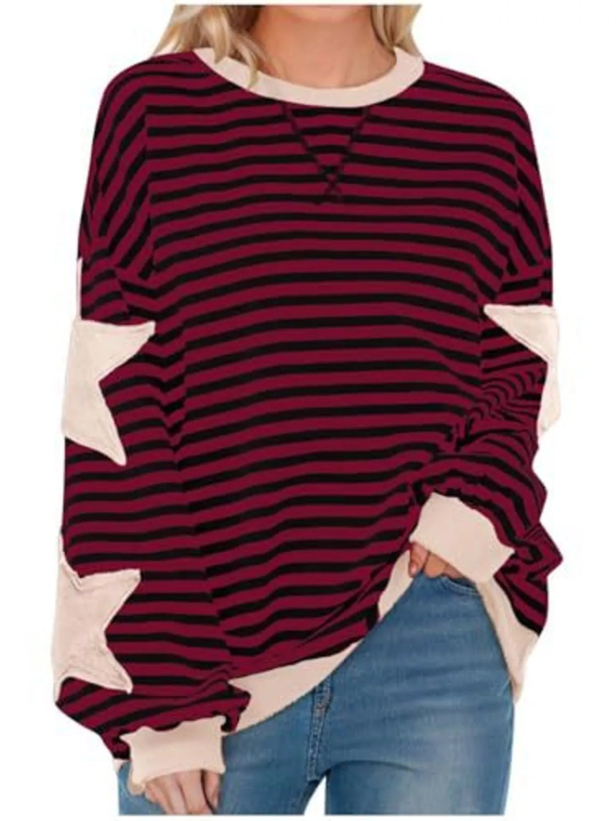 Full Size Star Patch Striped Oversized Sweatshirt Plus Size - Burgundy