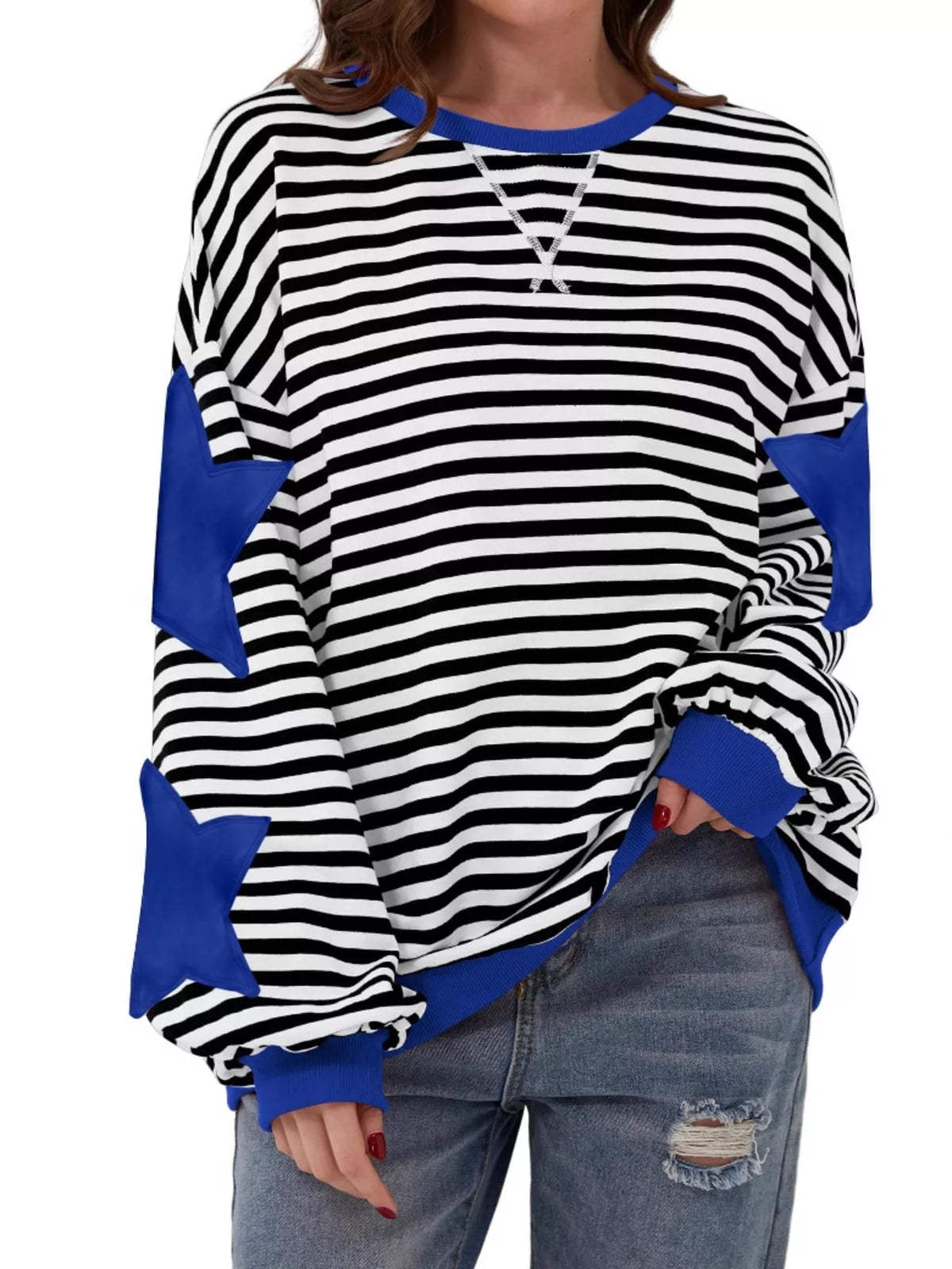 Full Size Star Patch Striped Oversized Sweatshirt Plus Size - Blue