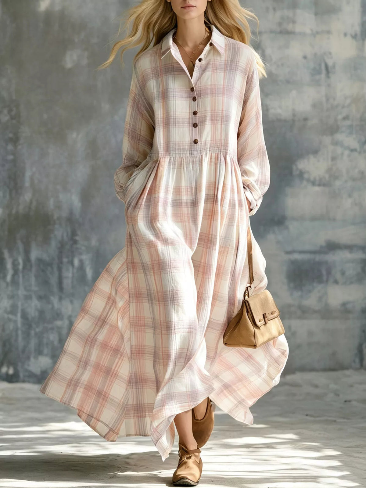 Plaid Button-Down Maxi Shirt Dress - Pink