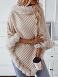 Fuzzy Trim Texture Three-Quarter Sleeve Poncho - Beige