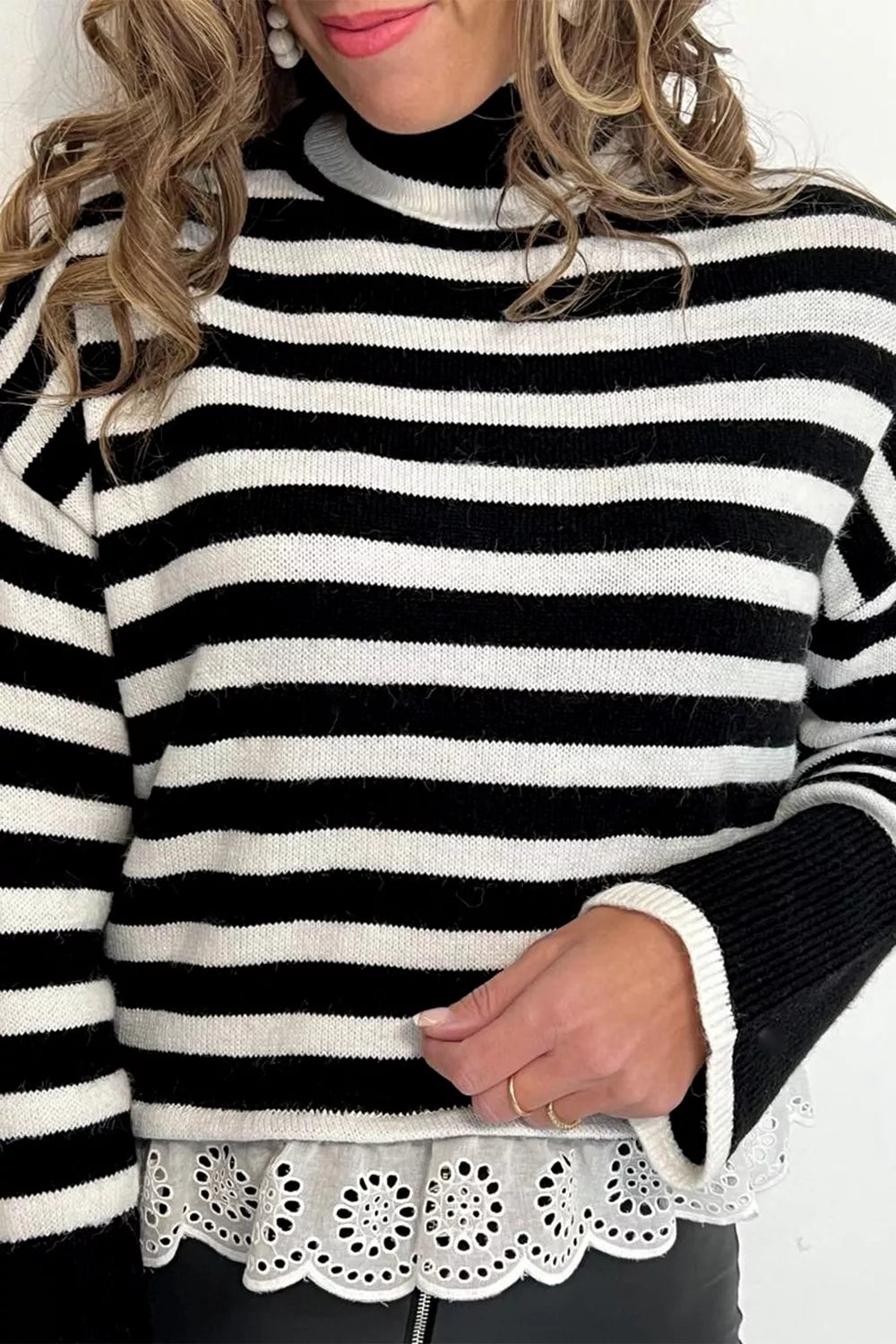 Striped High Neck Contrast Ruffle Detail Casual Sweater