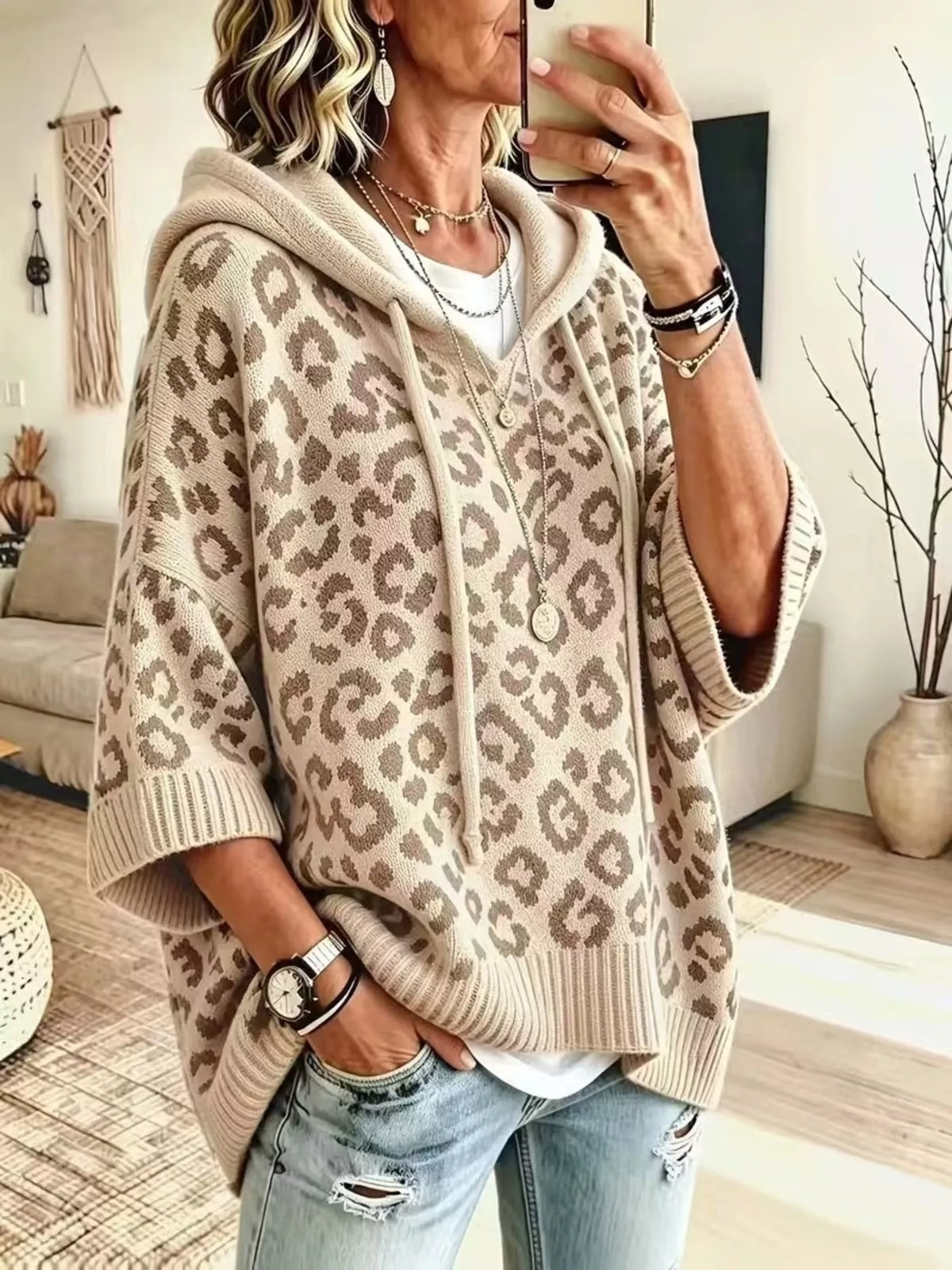 Drawstring Leopard Hooded Sweater - Apricot