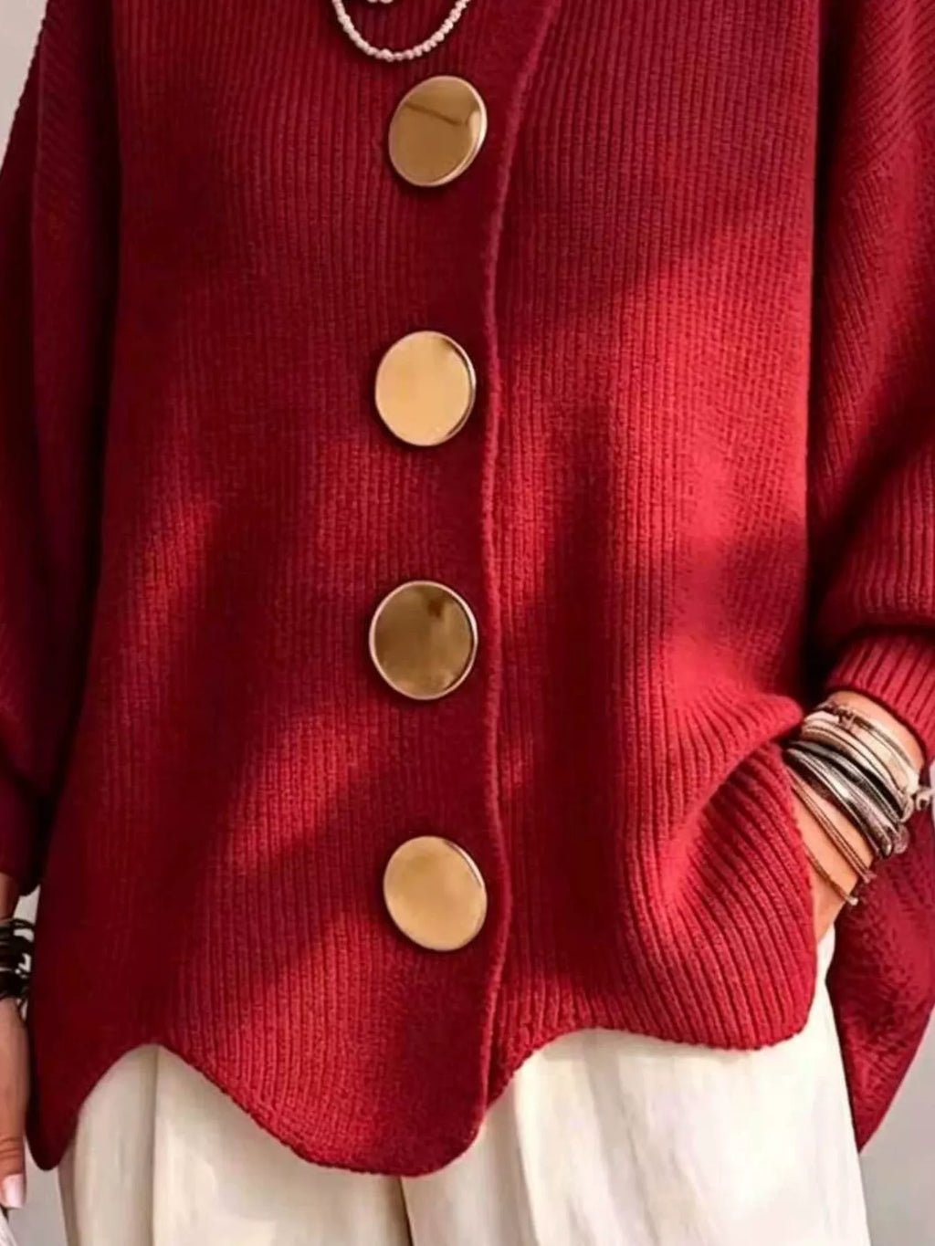 Full Size Gold Buttons Lantern Sleeve Cardigan Plus Size