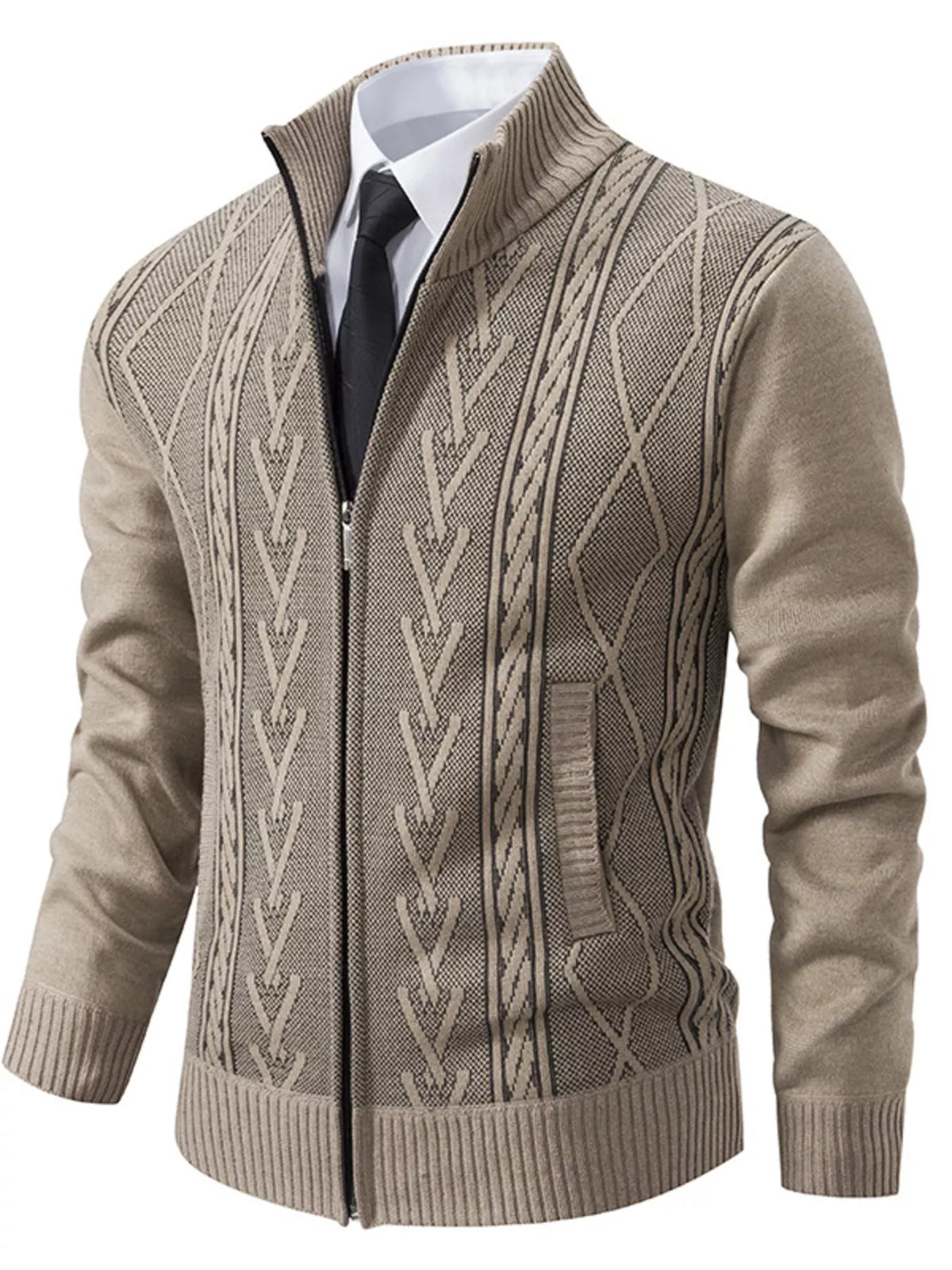 Men's Plus Size Stand-Collar Full-Zip Cable Knit Cardigan - Beige