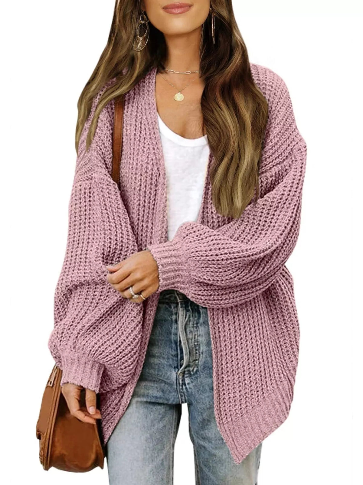 Open-Front Chunky Knit Cardigan - Pink