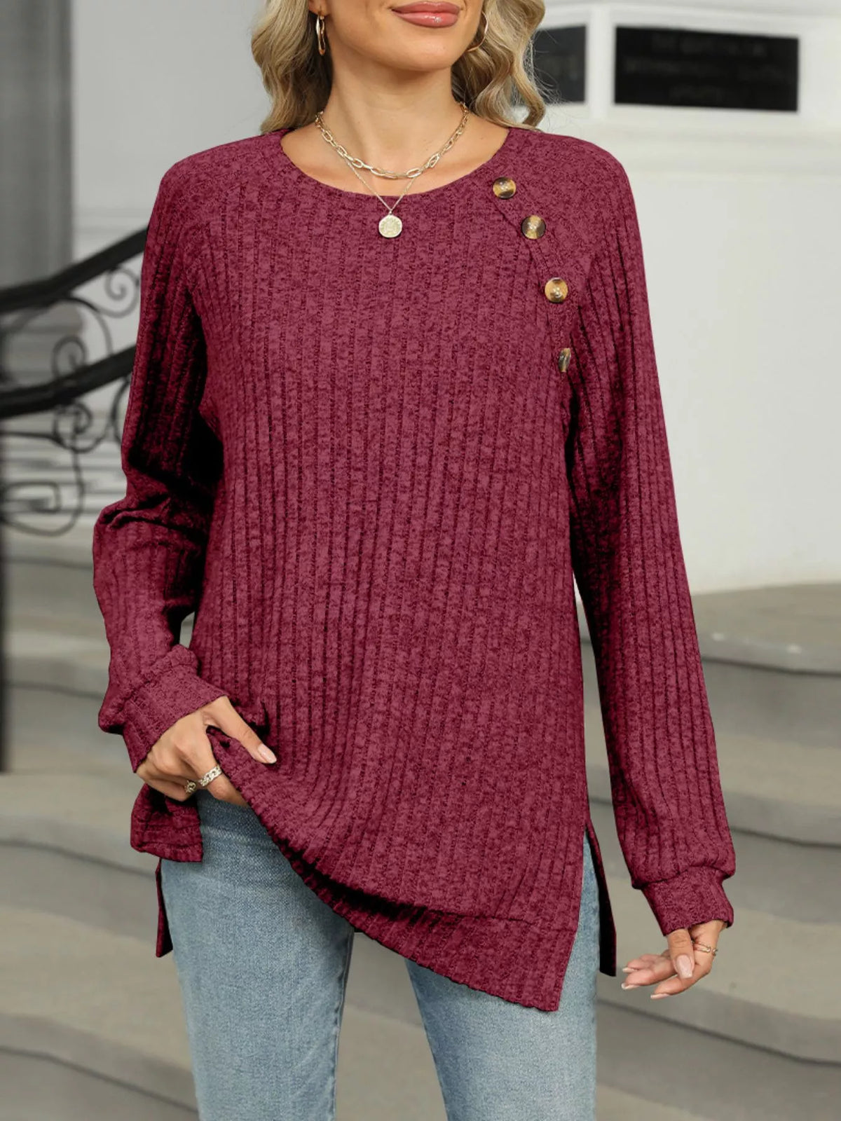 Round Neck Side Slit Ribbed Knit Top with Asymmetric Button Detail - Wine Red