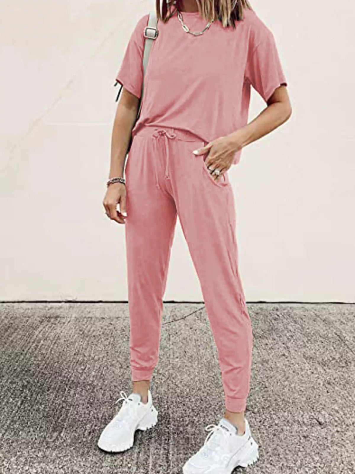 Full Size Round Neck Top and Drawstring Pants Set Plus Size - Pink