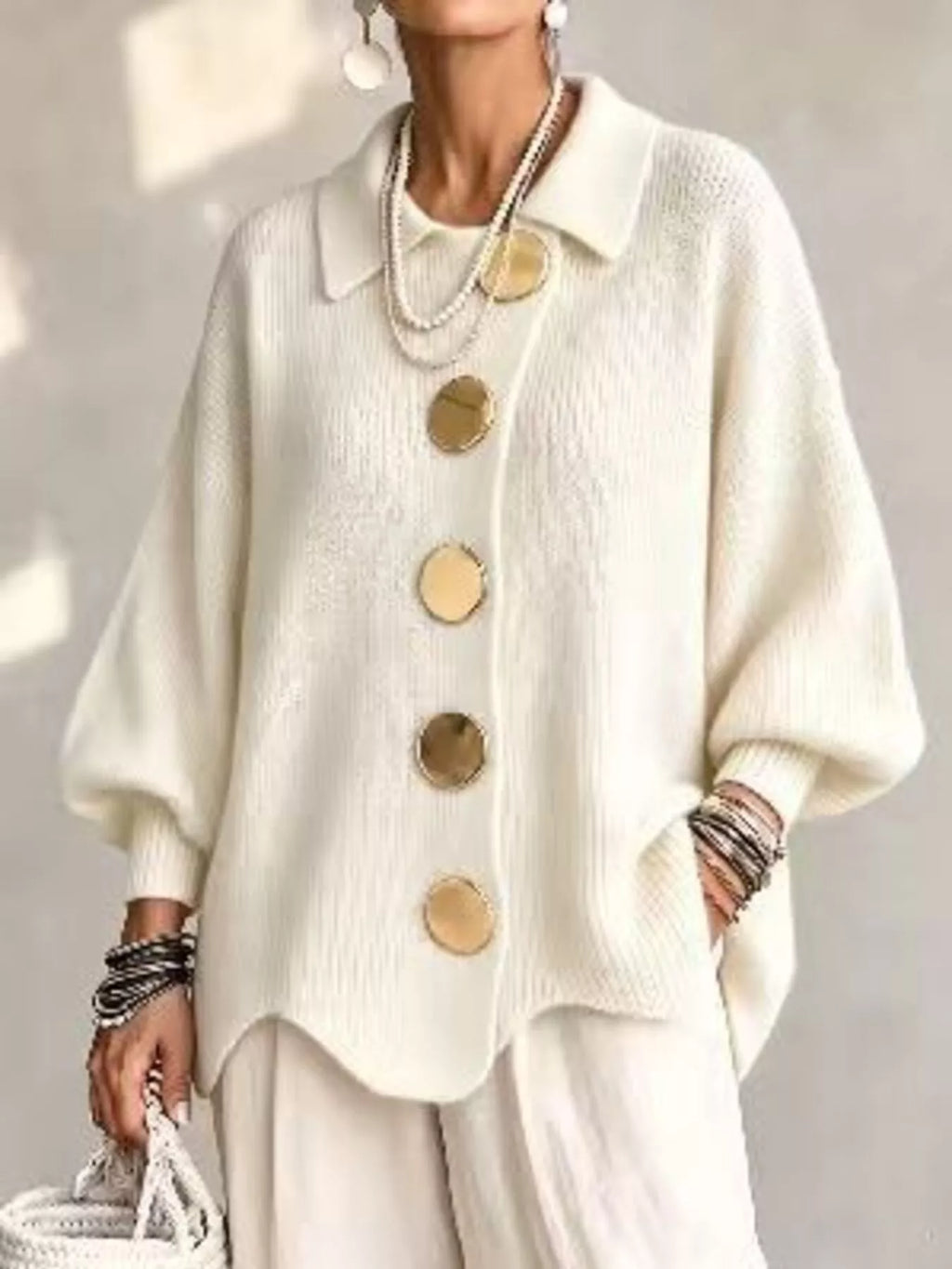 Full Size Gold Buttons Lantern Sleeve Cardigan Plus Size - Beige