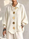 Full Size Gold Buttons Lantern Sleeve Cardigan Plus Size - Beige