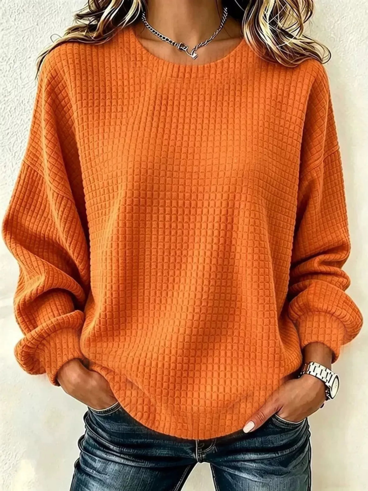 Full Size Waffle Knit Long Sleeve Crew Neck Sweatshirt Plus Size - Orange