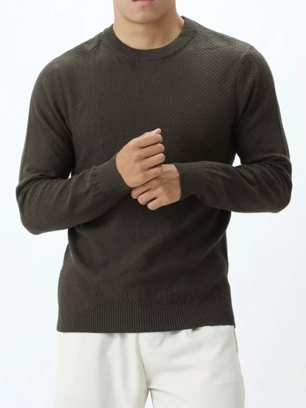 Men's Plus Size Textured Crew Neck Sweater - Army Green