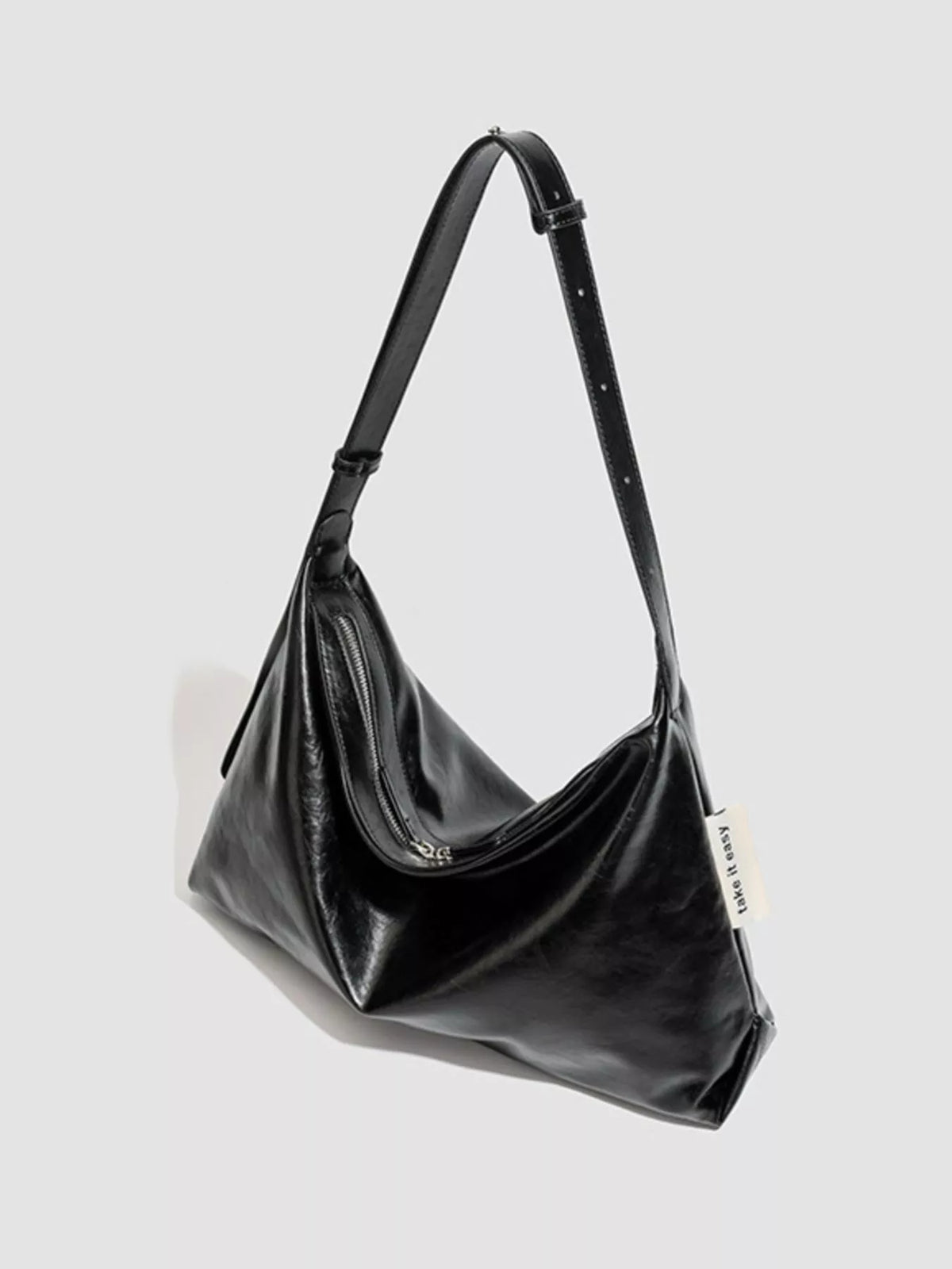 Minimalist Glossy Leather Slouchy Shoulder Bag