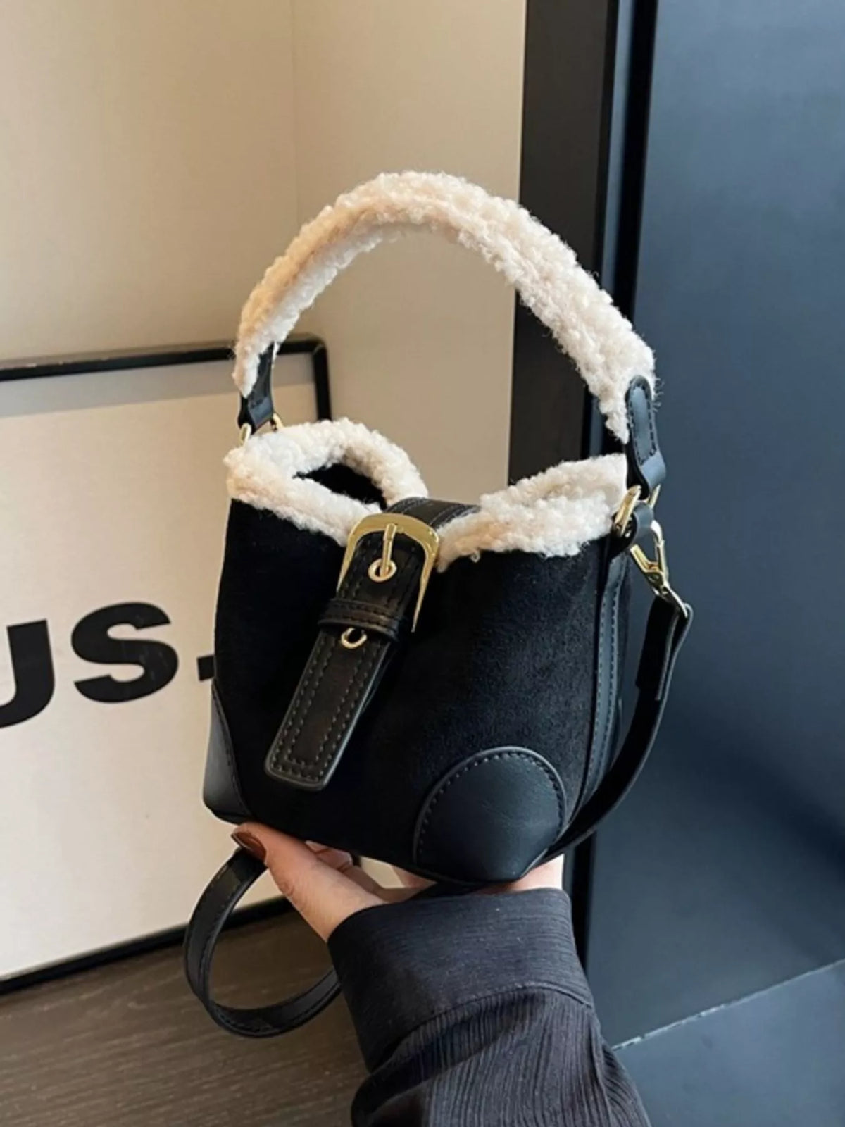 Fuzzy Trim Bucket Crossbody Bag - Black