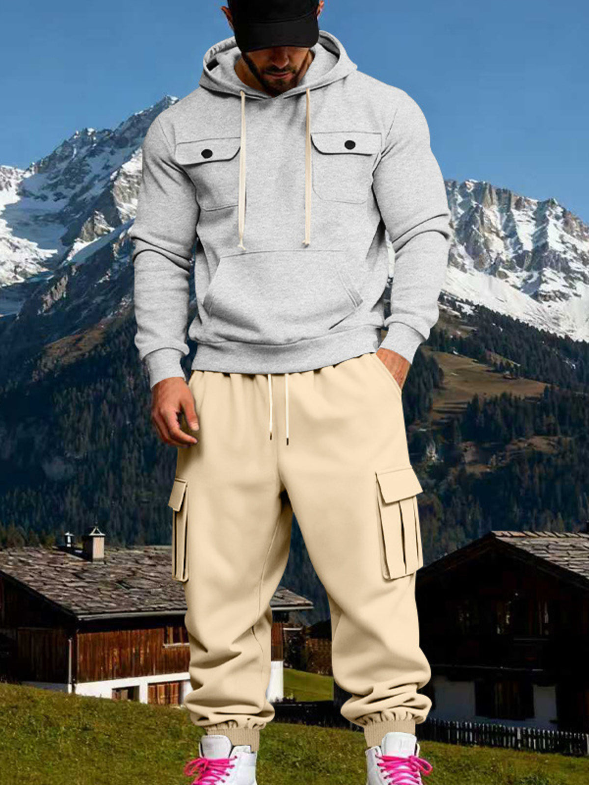Men's Full Size Kangaroo Pocket Hoodie and Sweatpants Two-Piece Set Plus Size - Gray