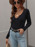 V-Neck Ribbed Knit Top - Black