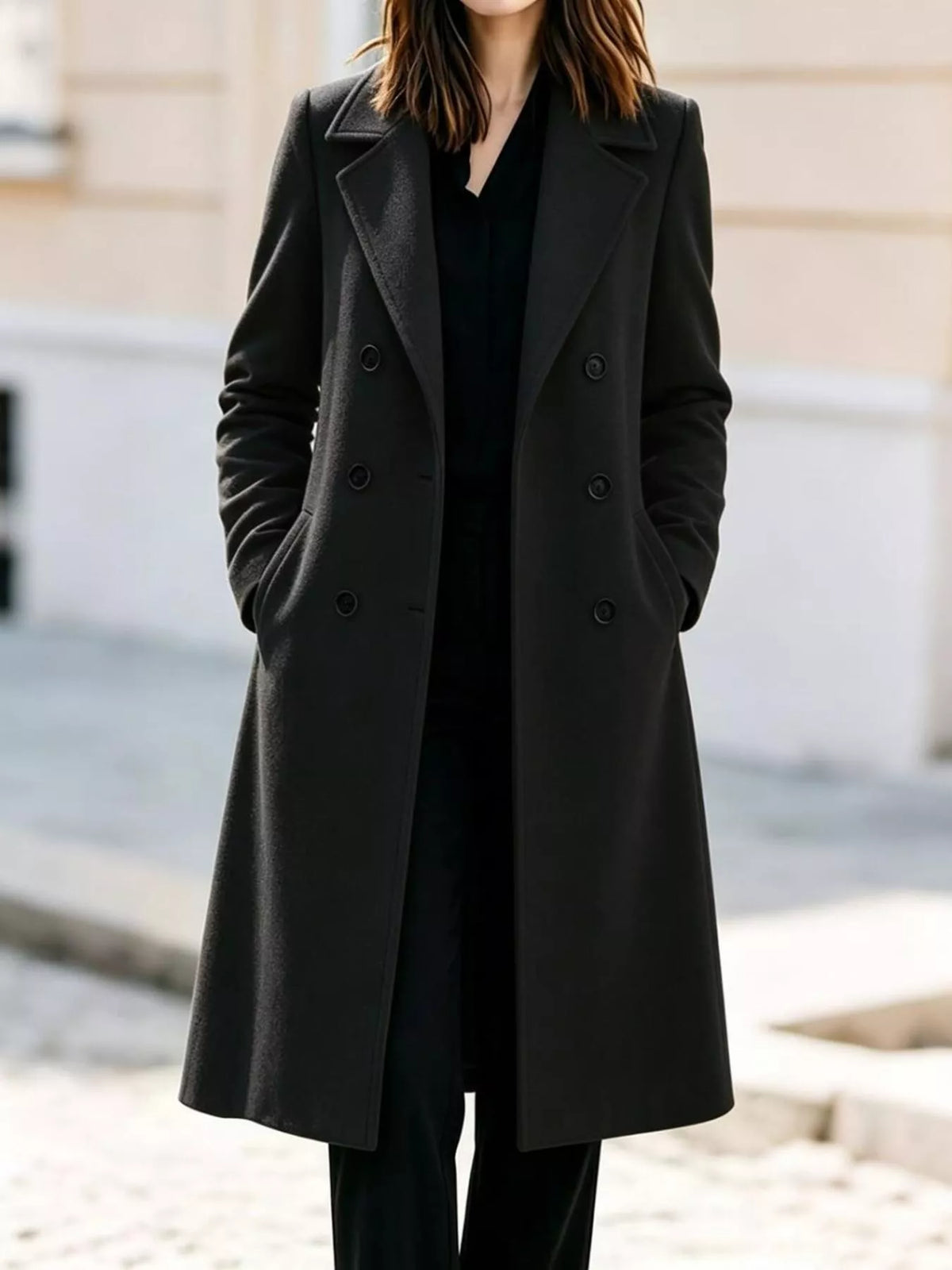 Double-Breasted Lapel Collar Coat - Black