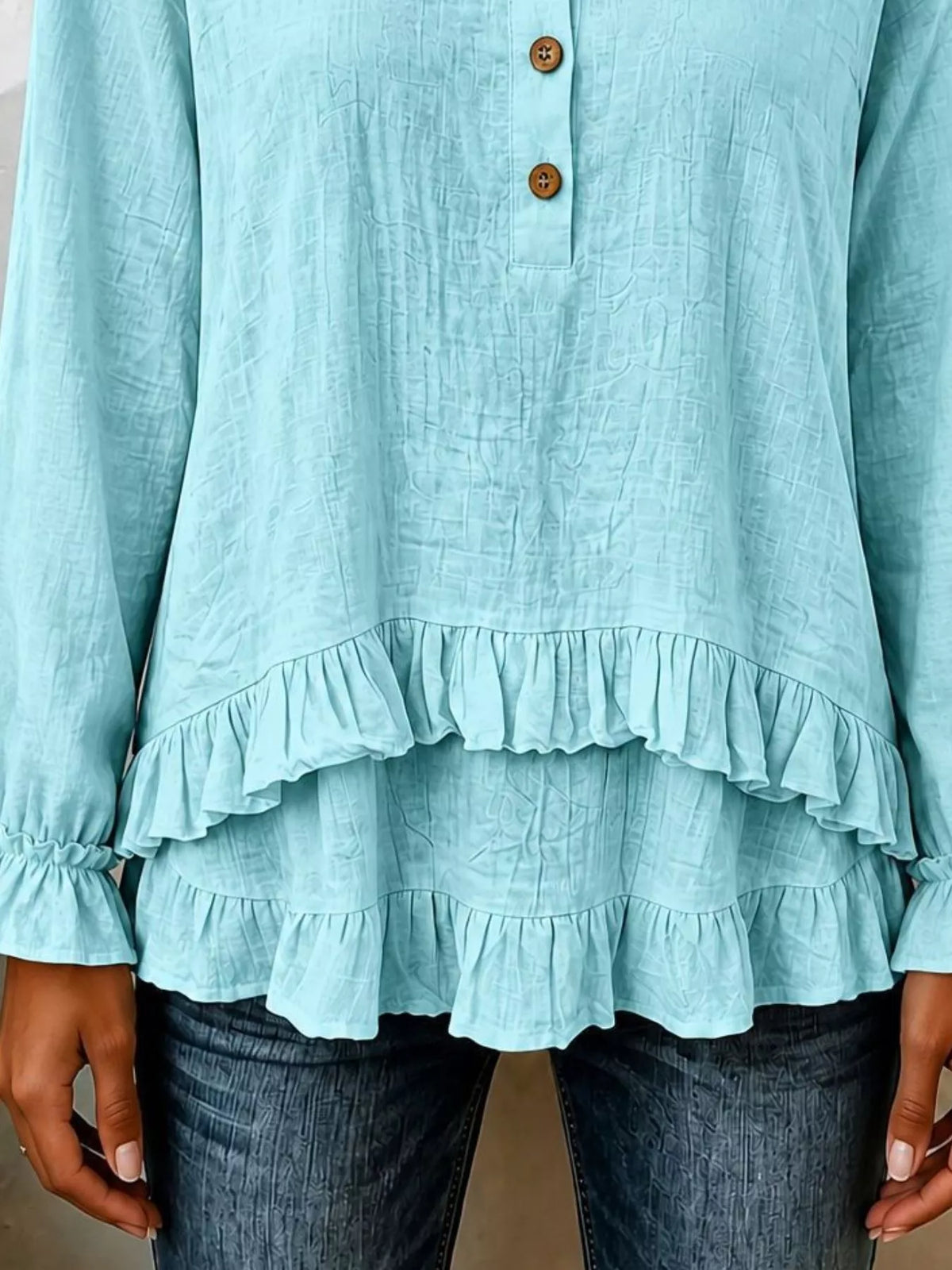 V-Neck Long Sleeve Button Detail Ruffled Hem Blouse