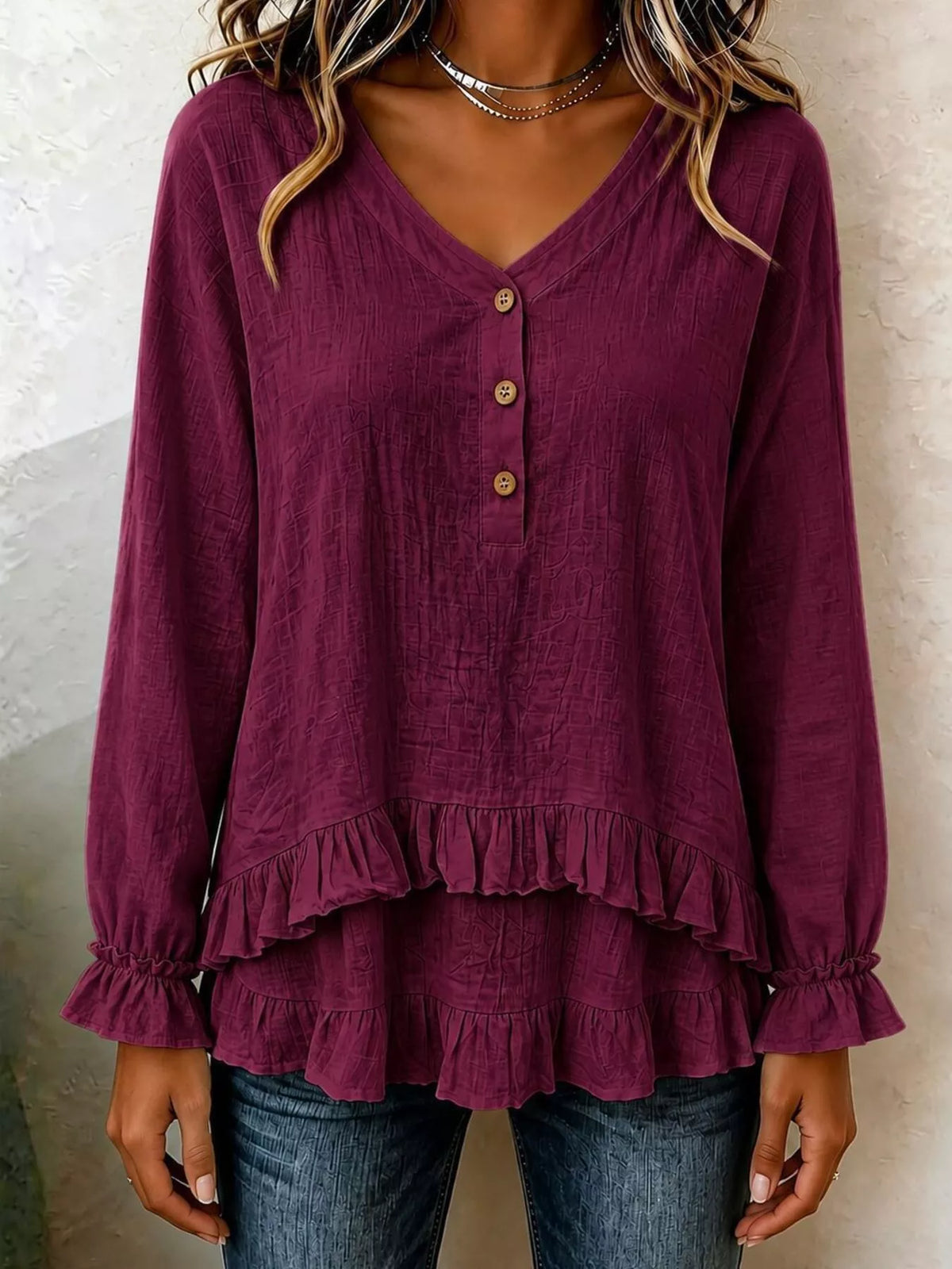 V-Neck Long Sleeve Button Detail Ruffled Hem Blouse - Burgundy