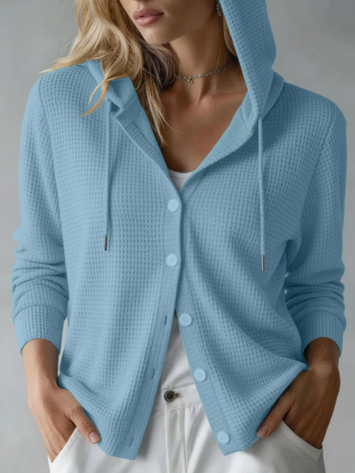 Waffle Knit Button-Down Hooded Cardigan - Sky Blue