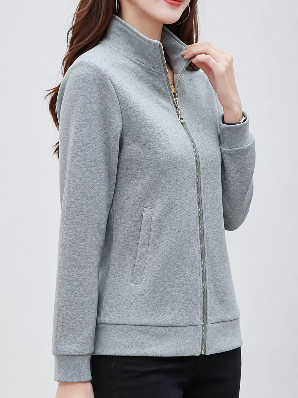 Full Size Stand-Collar Zip-Up Sweatshirt Plus Size