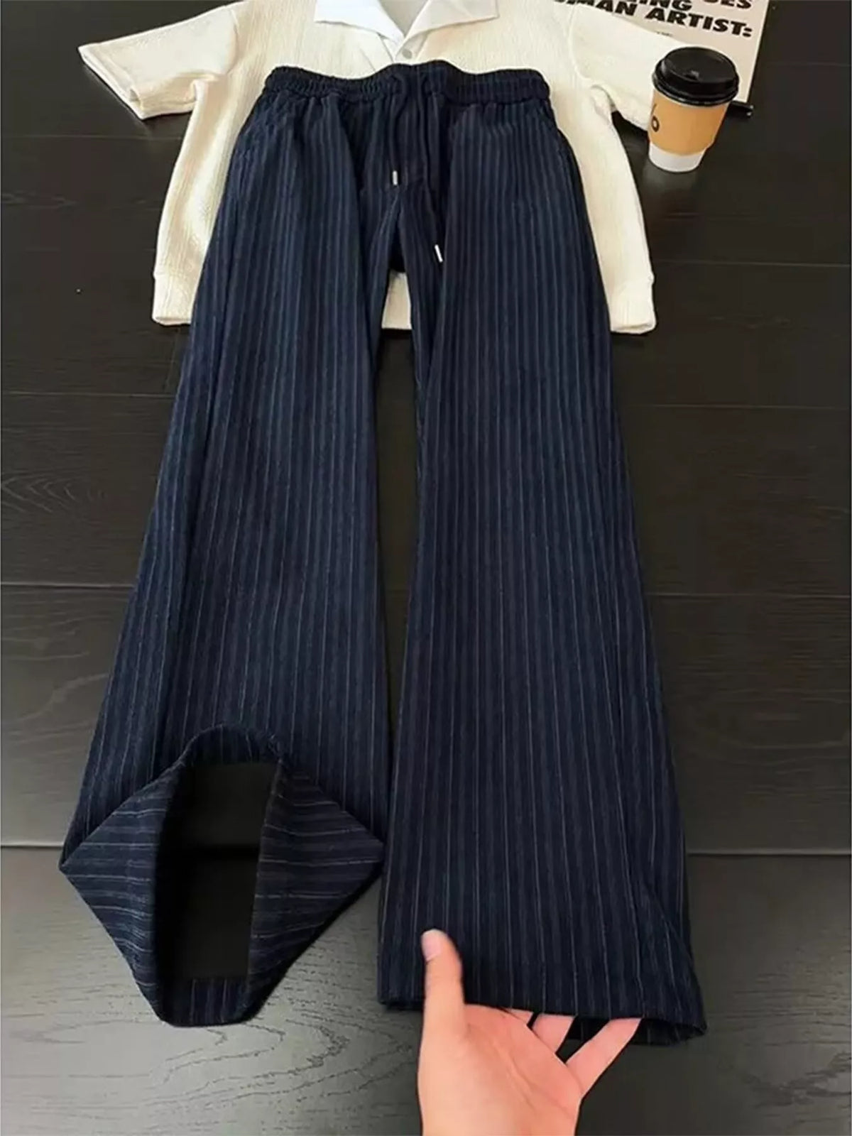 Men's Striped Wide-Leg Casual Pants - Navy