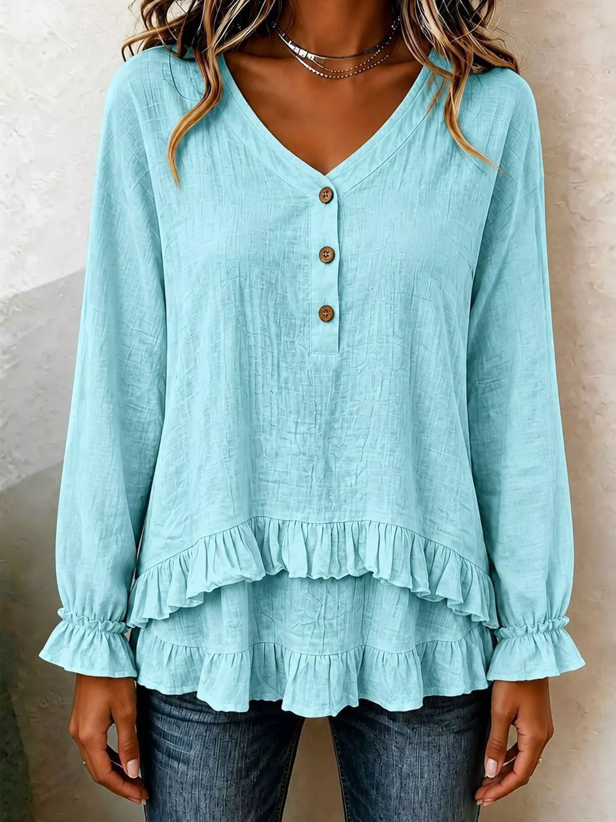 V-Neck Long Sleeve Button Detail Ruffled Hem Blouse - Green