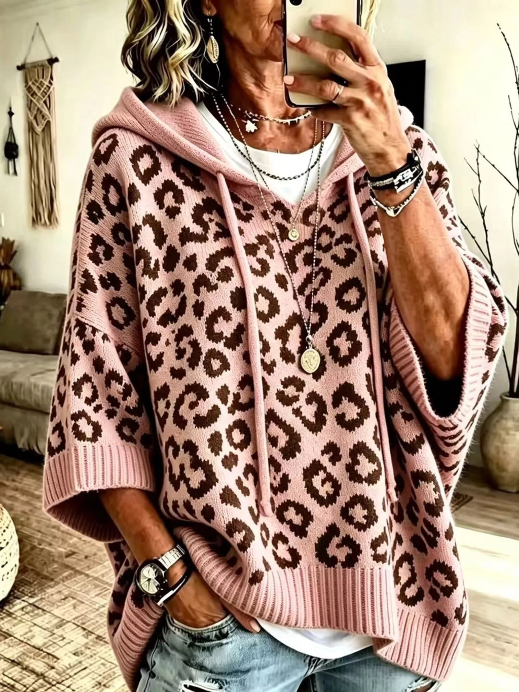 Drawstring Leopard Hooded Sweater