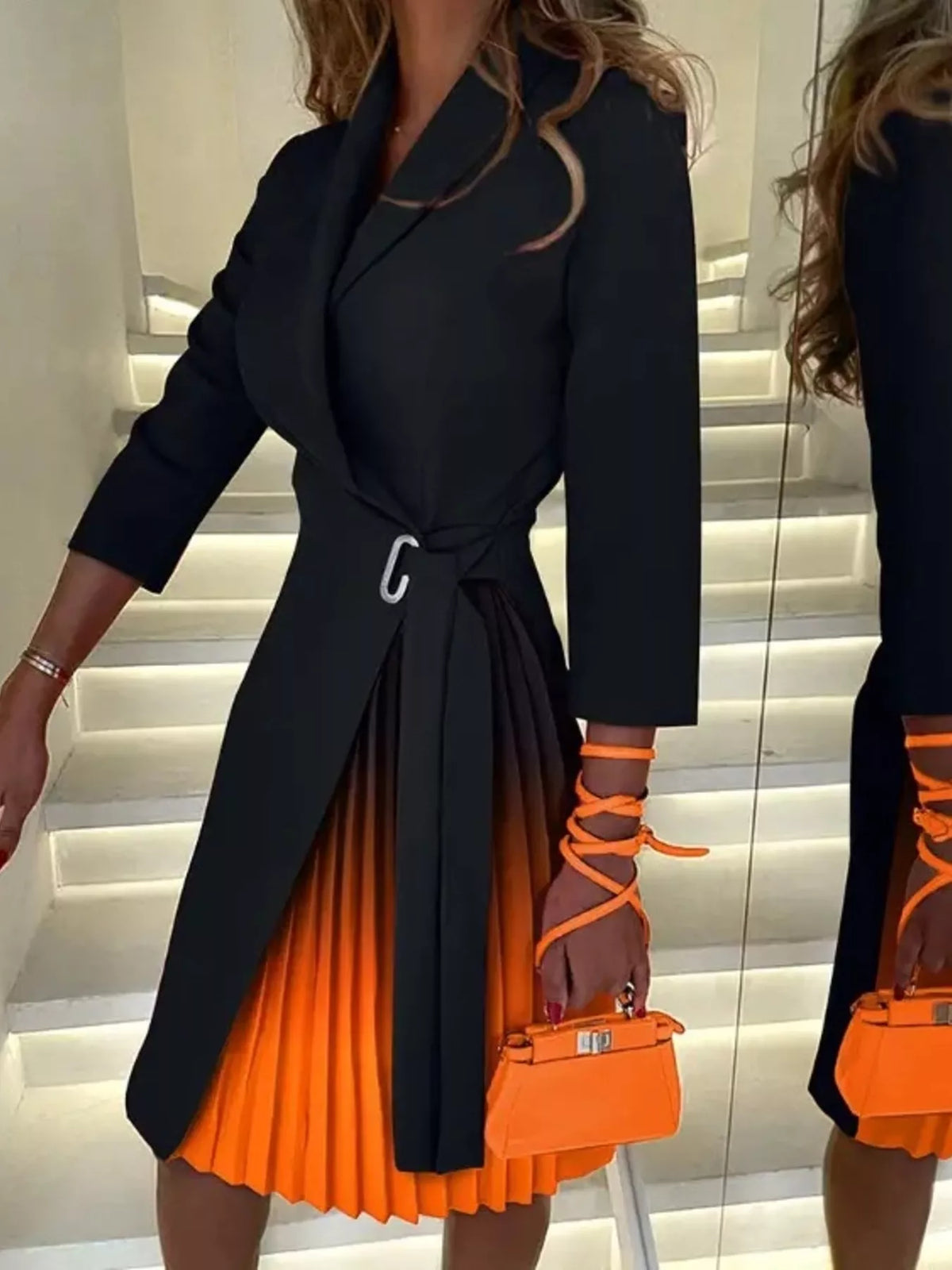 Blazer Style Pleated Midi Dress - Tangerine