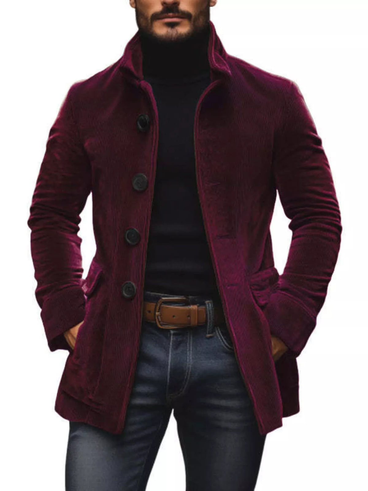 Men's Full Size Vintage Single-Breasted Stand Collar Coat Plus Size - Burgundy