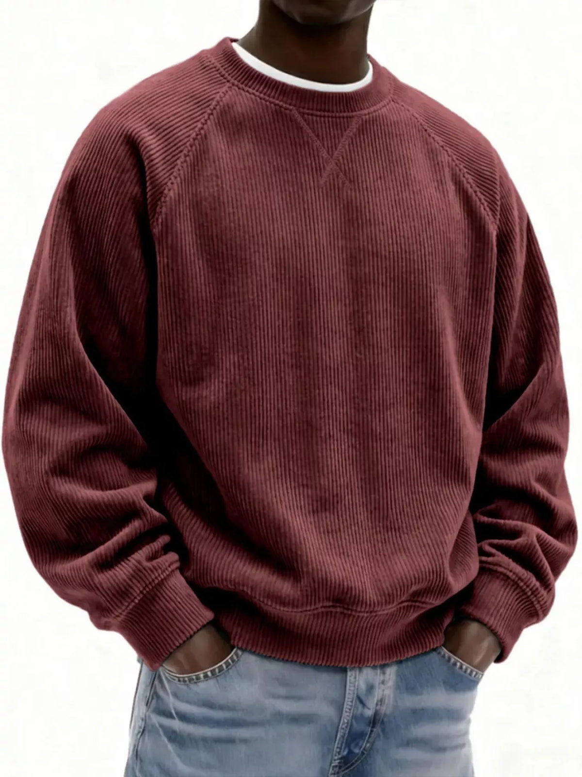 Men's Full Size Corduroy Crew Neck Sweatshirt Plus Size - Wine Red